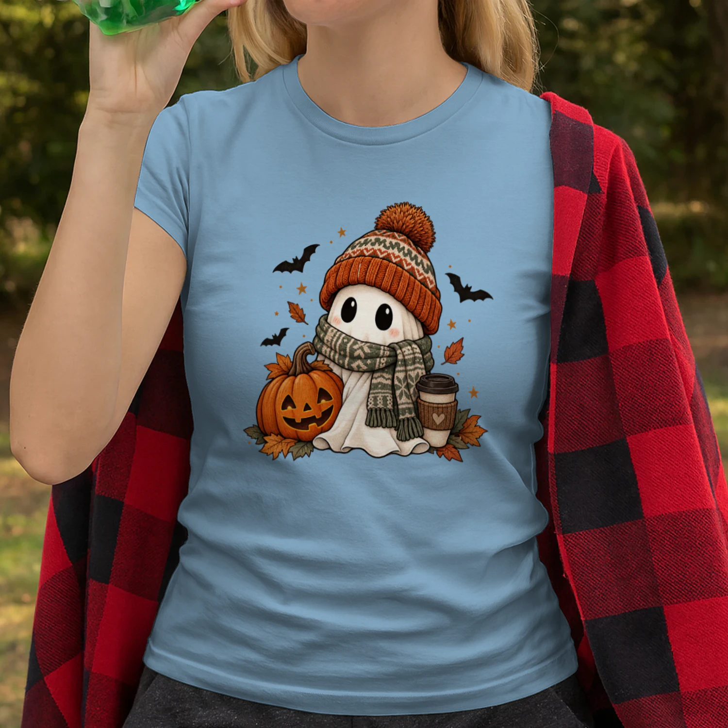 Cozy Ghost Halloween, Cute Ghost with Beanie & Scarf, Pumpkin Spice Coffee Fall Design, Spooky Season Autumn Shirt Sublimation