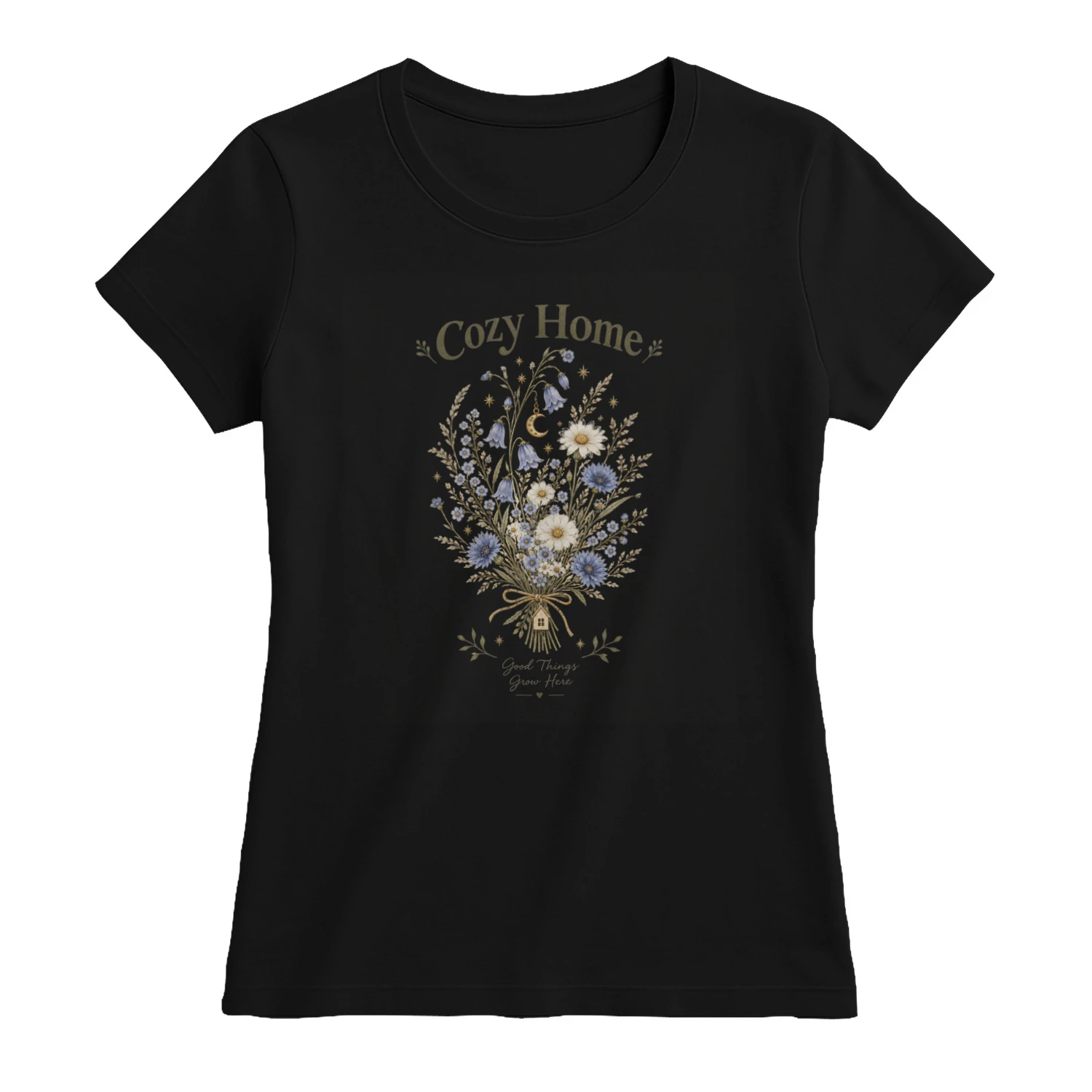 Cozy Home Wildflower T-Shirt – Cottagecore Floral Bouquet with Moon & Daisies