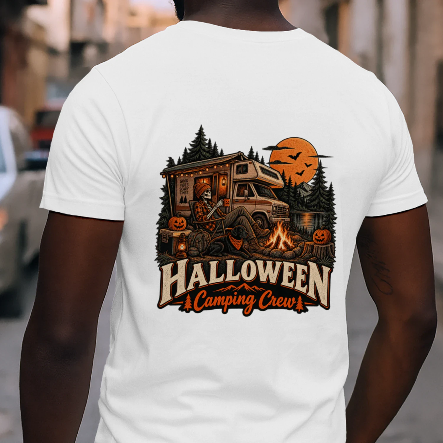Halloween Camping Crew Skeleton Campfire T-Shirt – Spooky Fall Camping Design