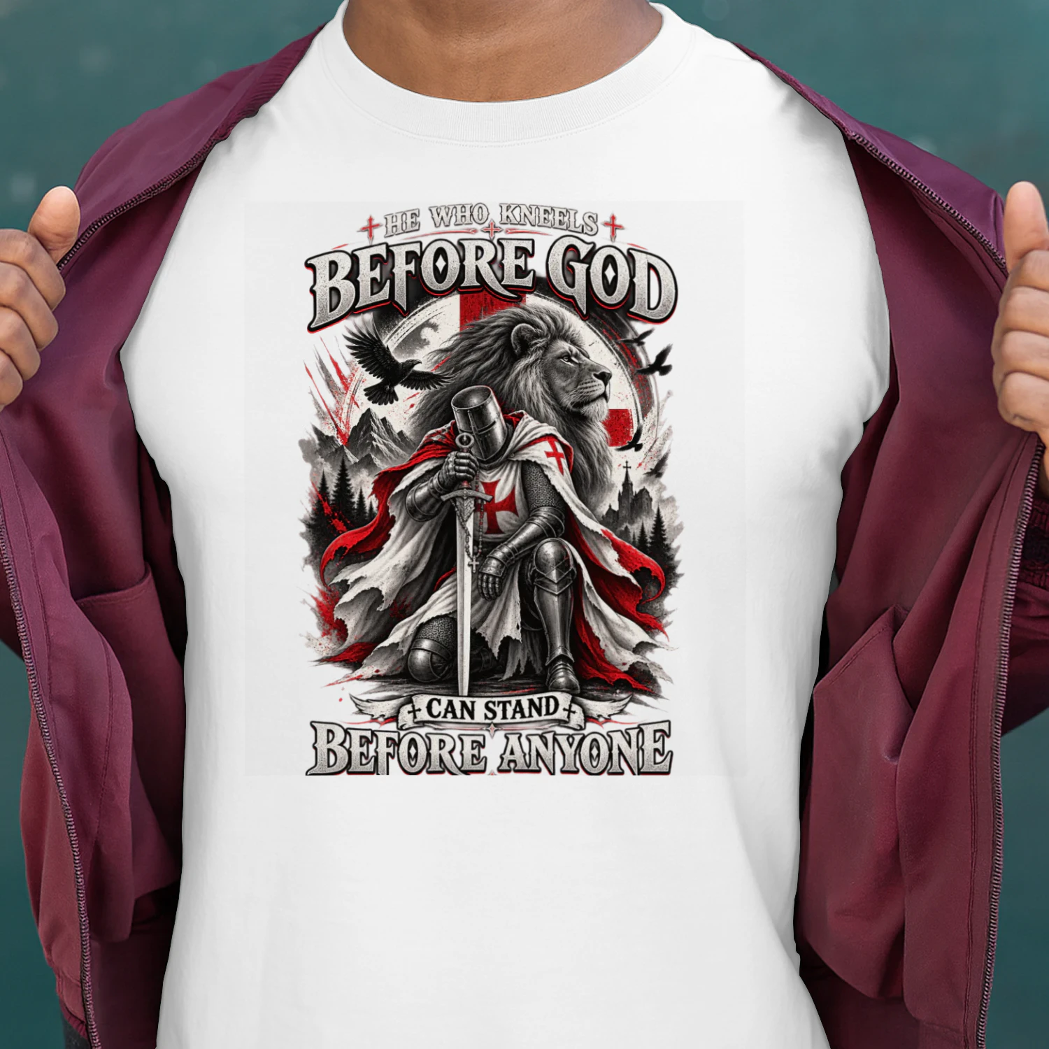 Christian Warrior T-Shirt – He Who Kneels Before God Can Stand Before Anyone – Faith & Strength Shirt –Medieval Knight Christian Tee