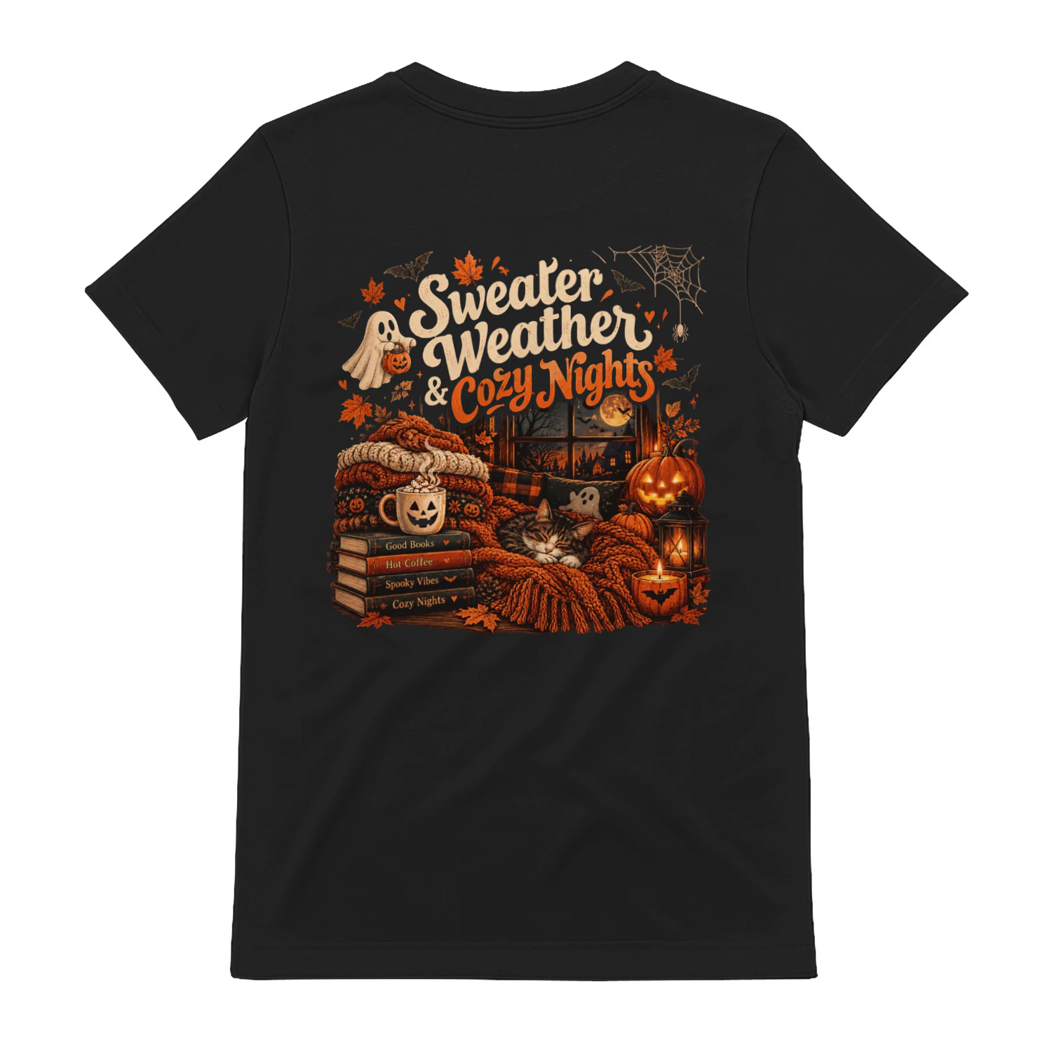 Sweater Weather & Cozy Nights Halloween Shirt – Cute Fall Cat, Coffee, Pumpkin & Spooky Autumn Design
