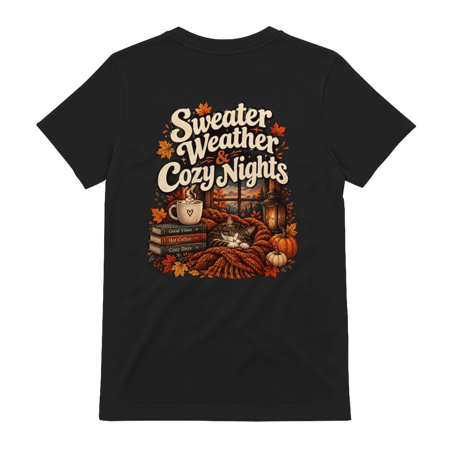 Sweater Weather & Cozy Nights T-Shirt Design – Cute Fall Cat, Coffee, Pumpkin & Autumn Vibes