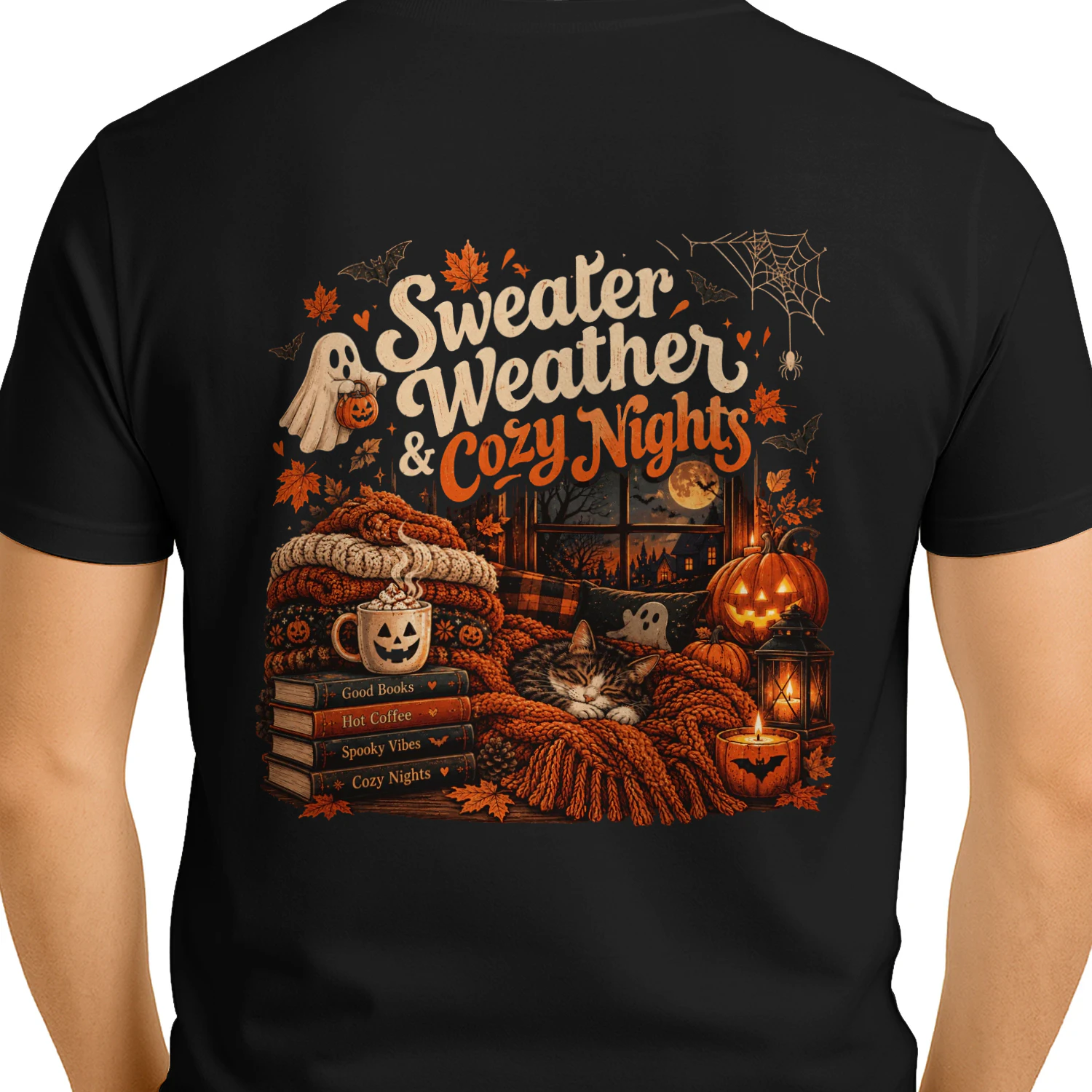 Sweater Weather & Cozy Nights Halloween Shirt – Cute Fall Cat, Coffee, Pumpkin & Spooky Autumn Design