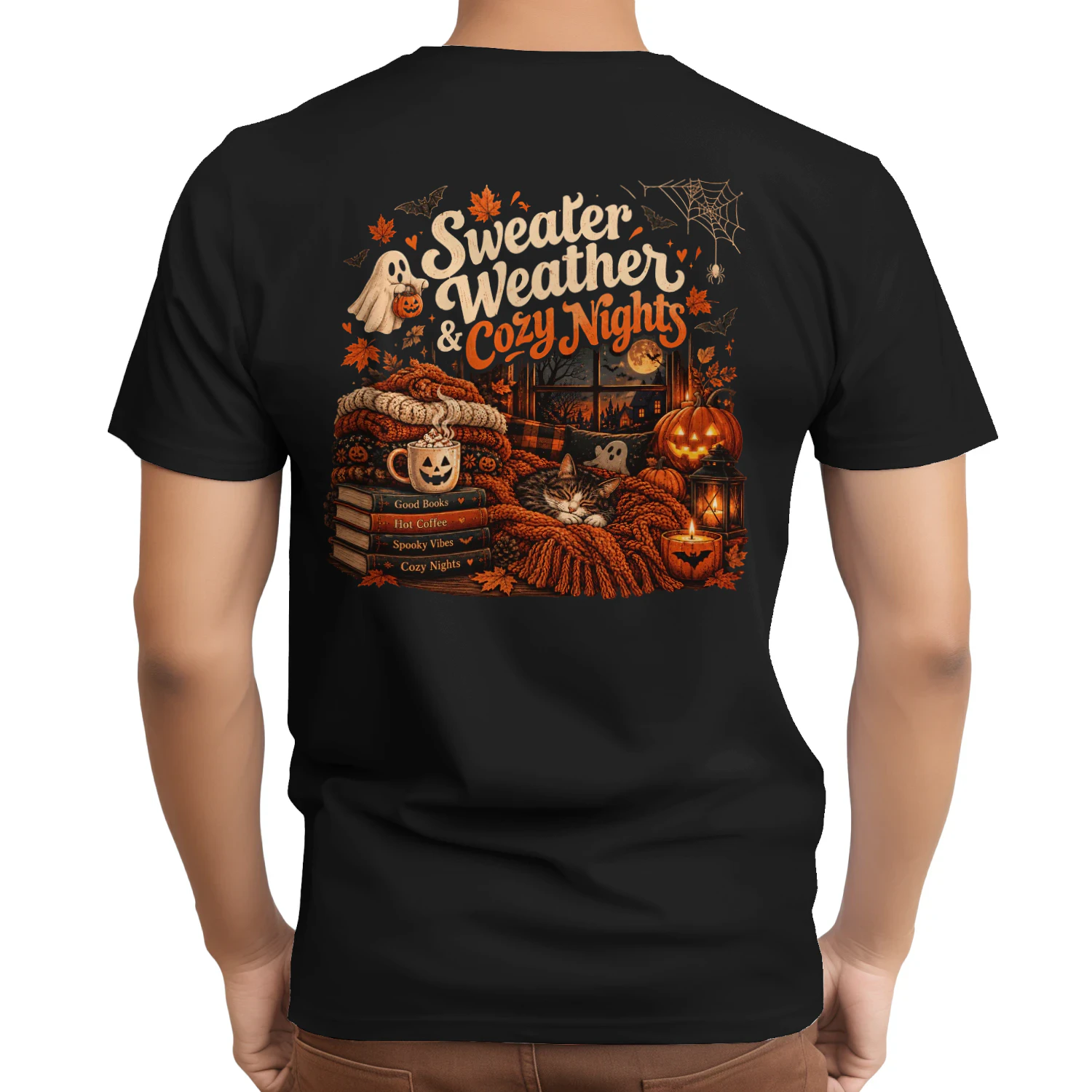 Sweater Weather & Cozy Nights Halloween Shirt – Cute Fall Cat, Coffee, Pumpkin & Spooky Autumn Design