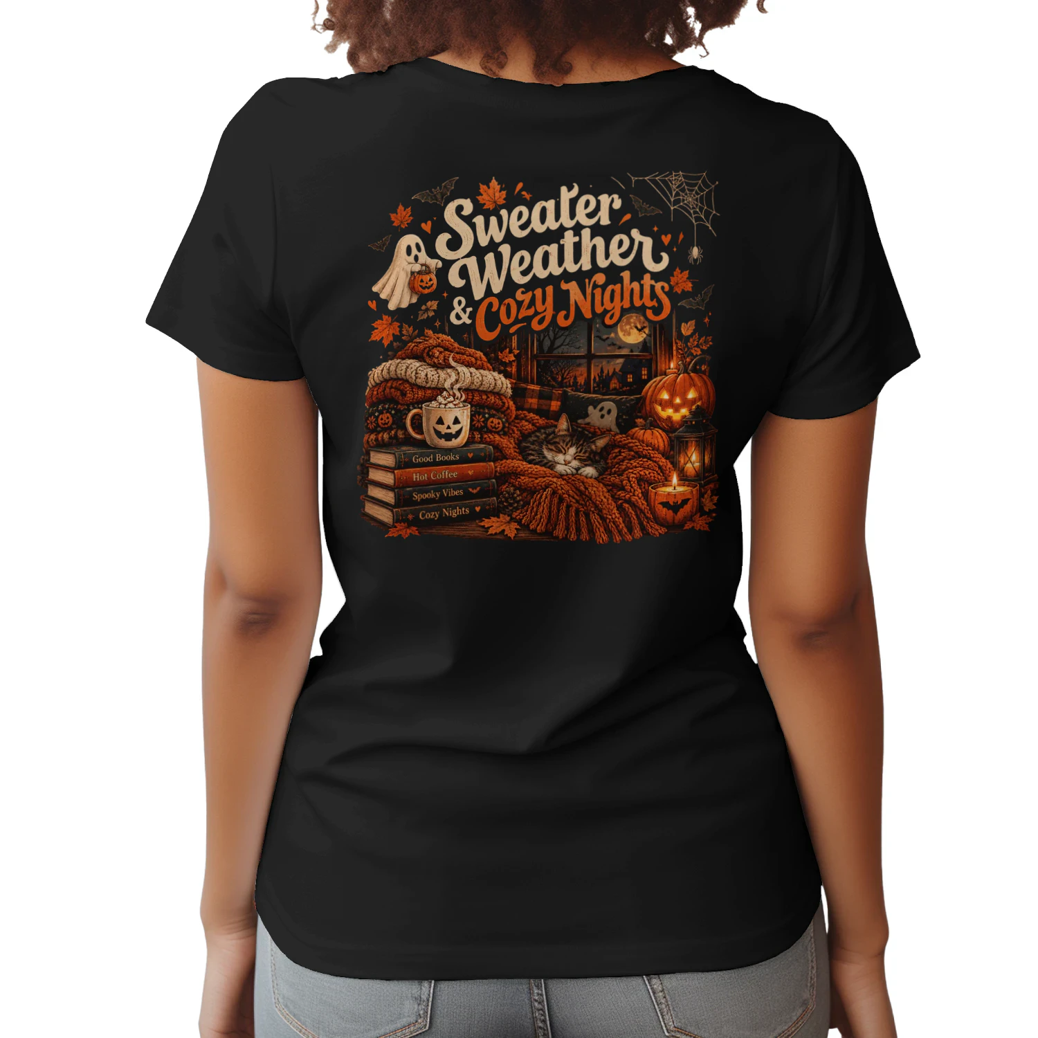 Sweater Weather & Cozy Nights Halloween Shirt – Cute Fall Cat, Coffee, Pumpkin & Spooky Autumn Design