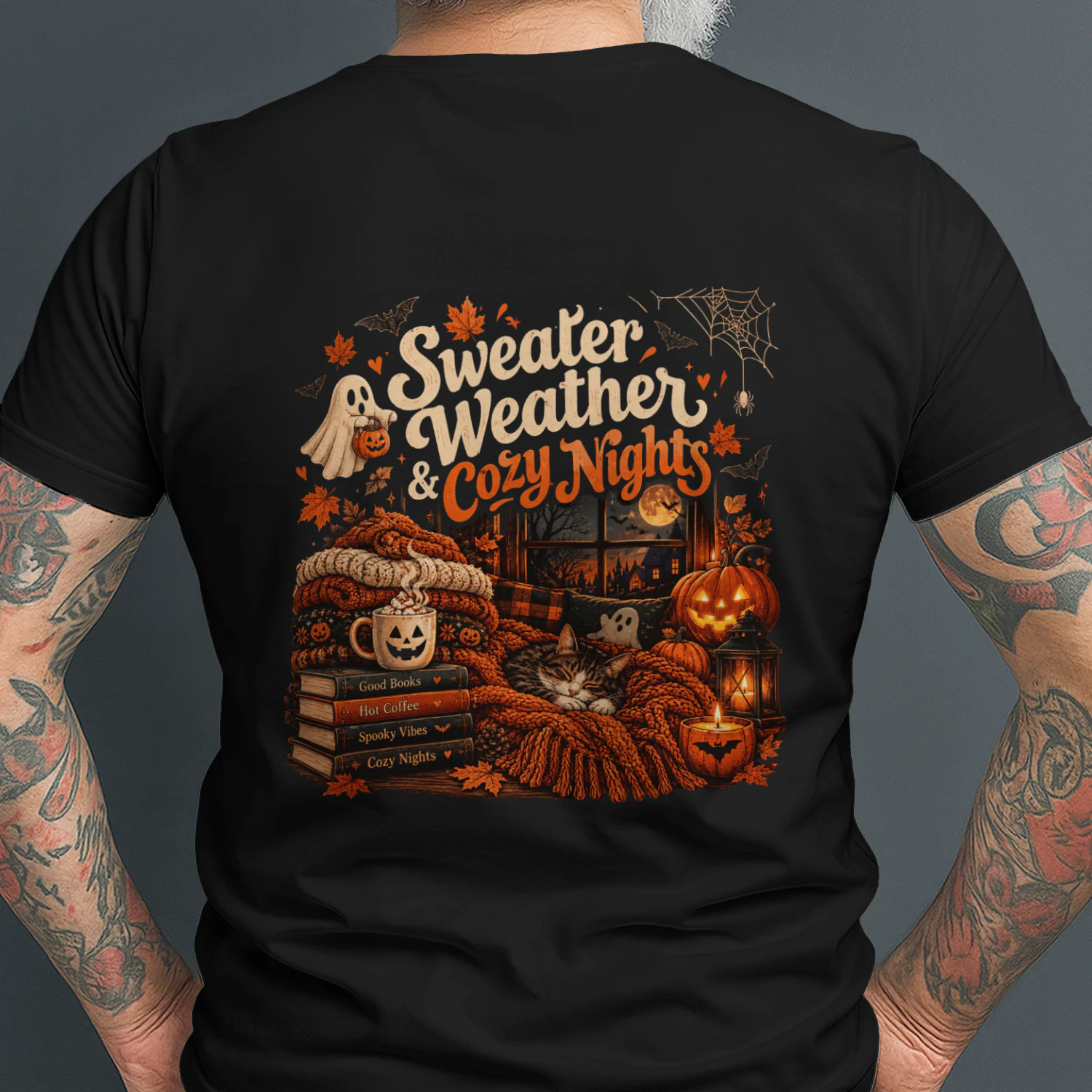 Sweater Weather & Cozy Nights Halloween Shirt – Cute Fall Cat, Coffee, Pumpkin & Spooky Autumn Design