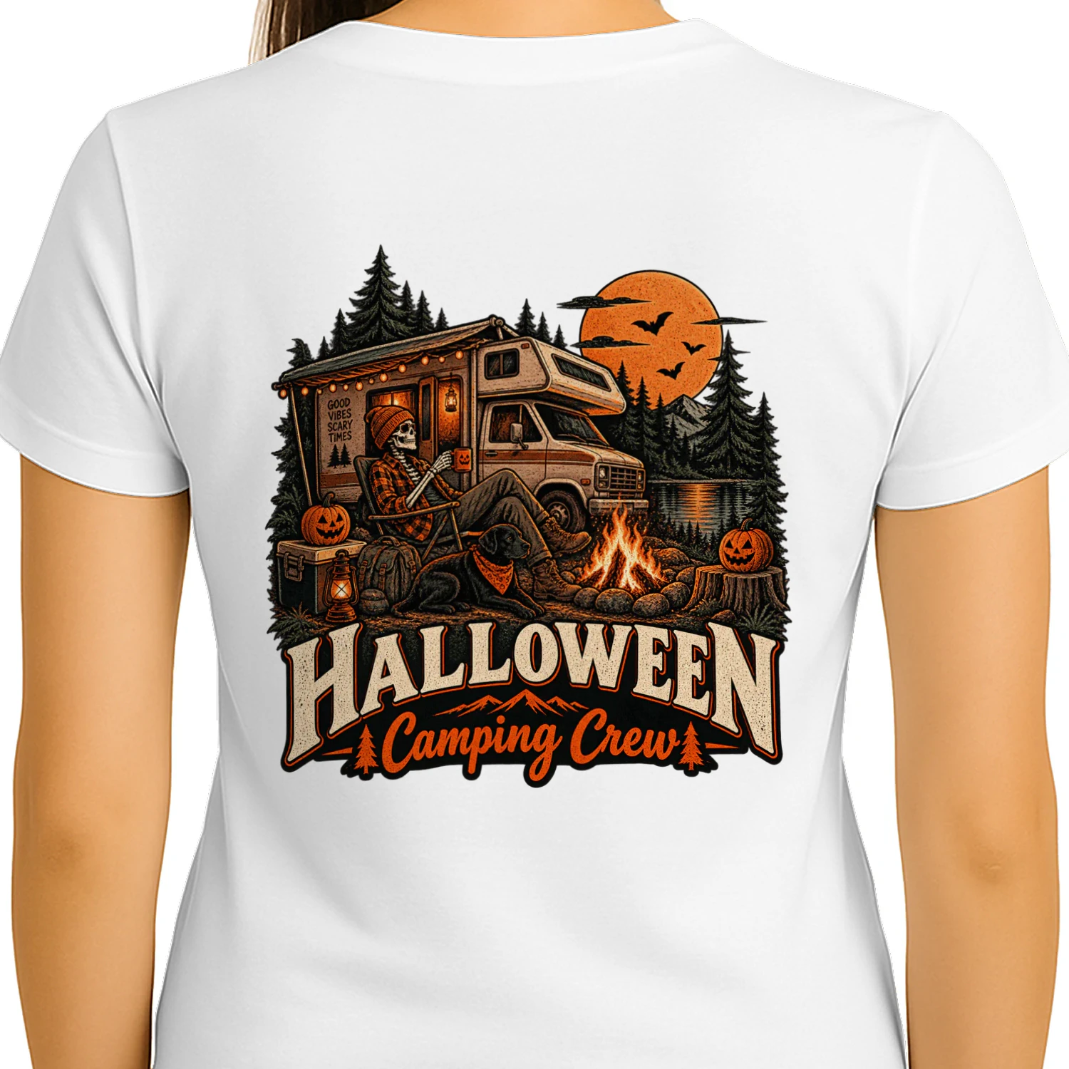 Halloween Camping Crew Skeleton Campfire T-Shirt – Spooky Fall Camping Design