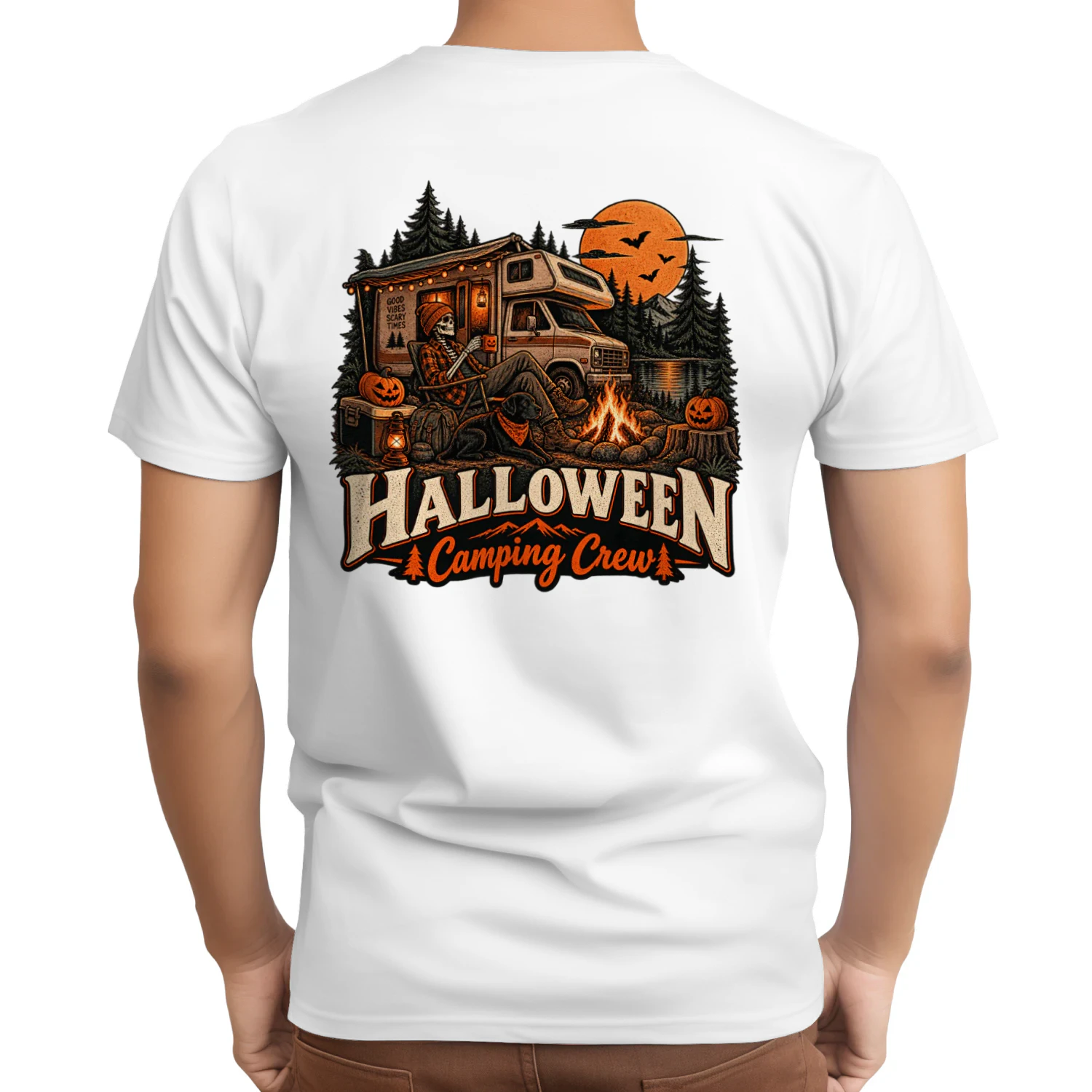 Halloween Camping Crew Skeleton Campfire T-Shirt – Spooky Fall Camping Design