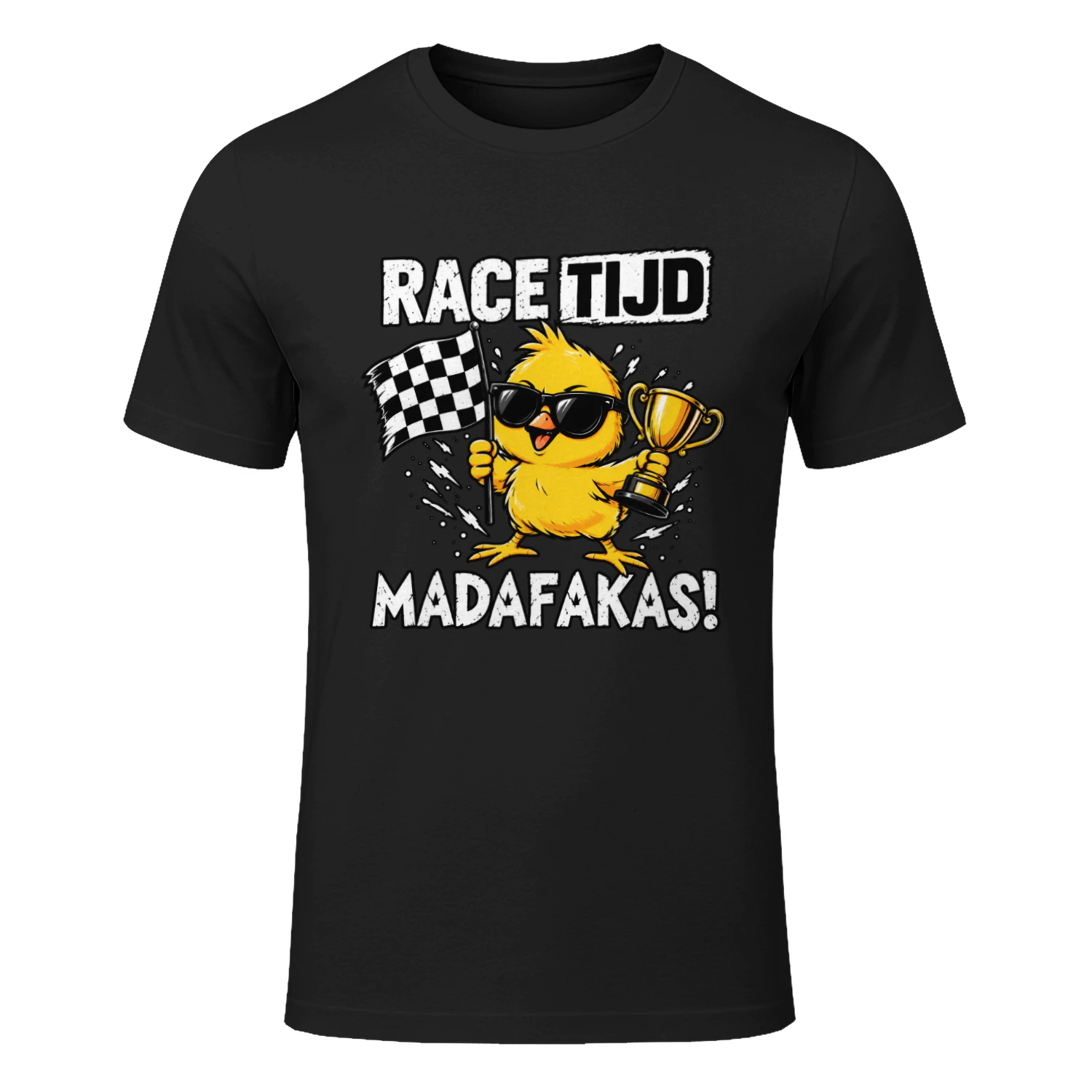 Race Tijd Madafakas T-Shirt – Grappig Motorsport Shirt – Race Weekend Fan Shirt met Geblokte Vlag & Trofee
