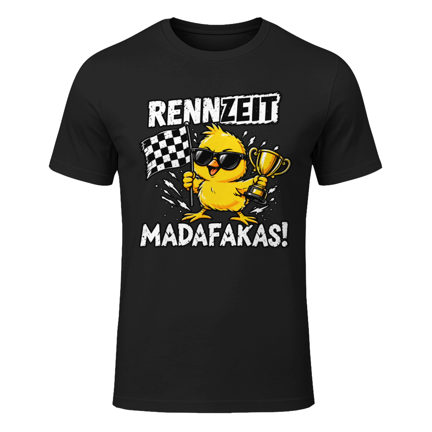 Rennzeit Madafakas T-Shirt – Lustiges Motorsport Shirt – Rennsport Fan Shirt mit Zielflagge & Pokal