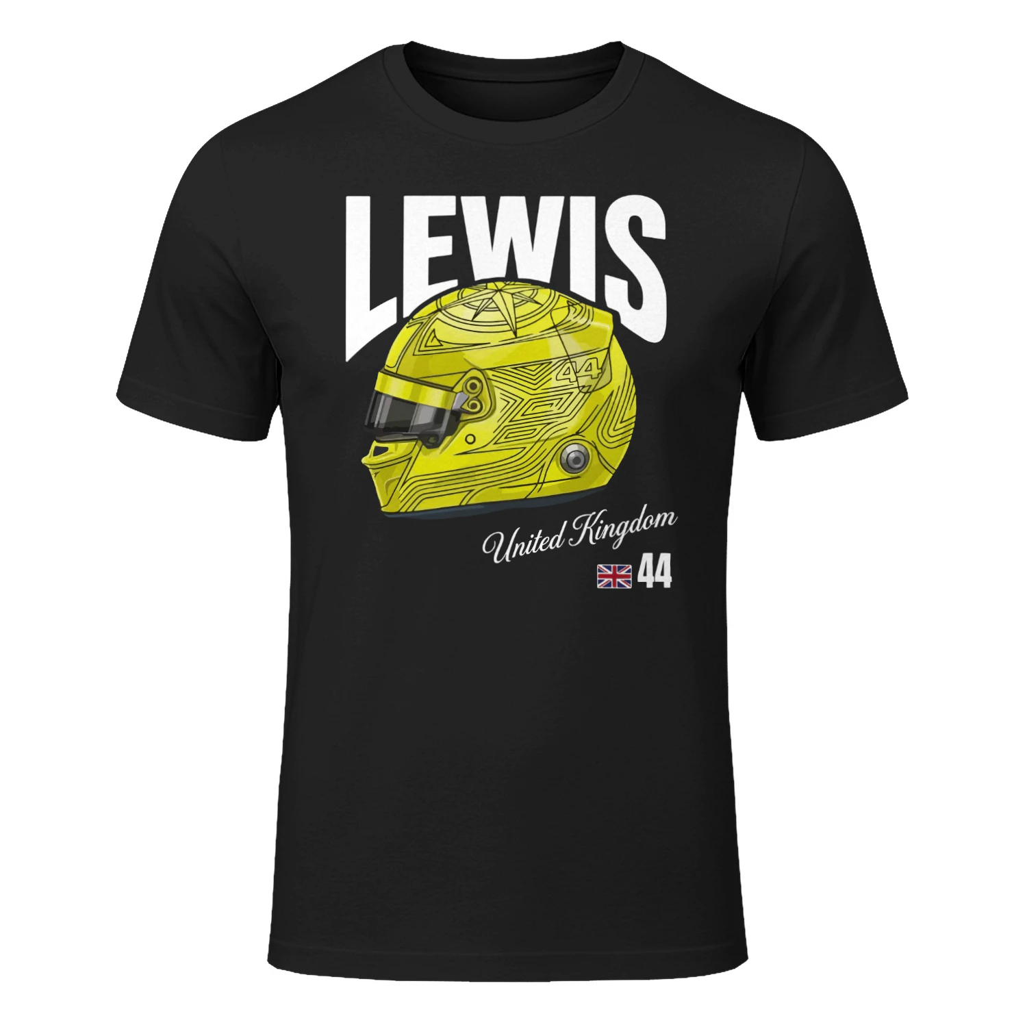 Lewis 44 Racing Helmet Tee shirt British Motorsport Fan Shirt Yellow Racing Helmet tee