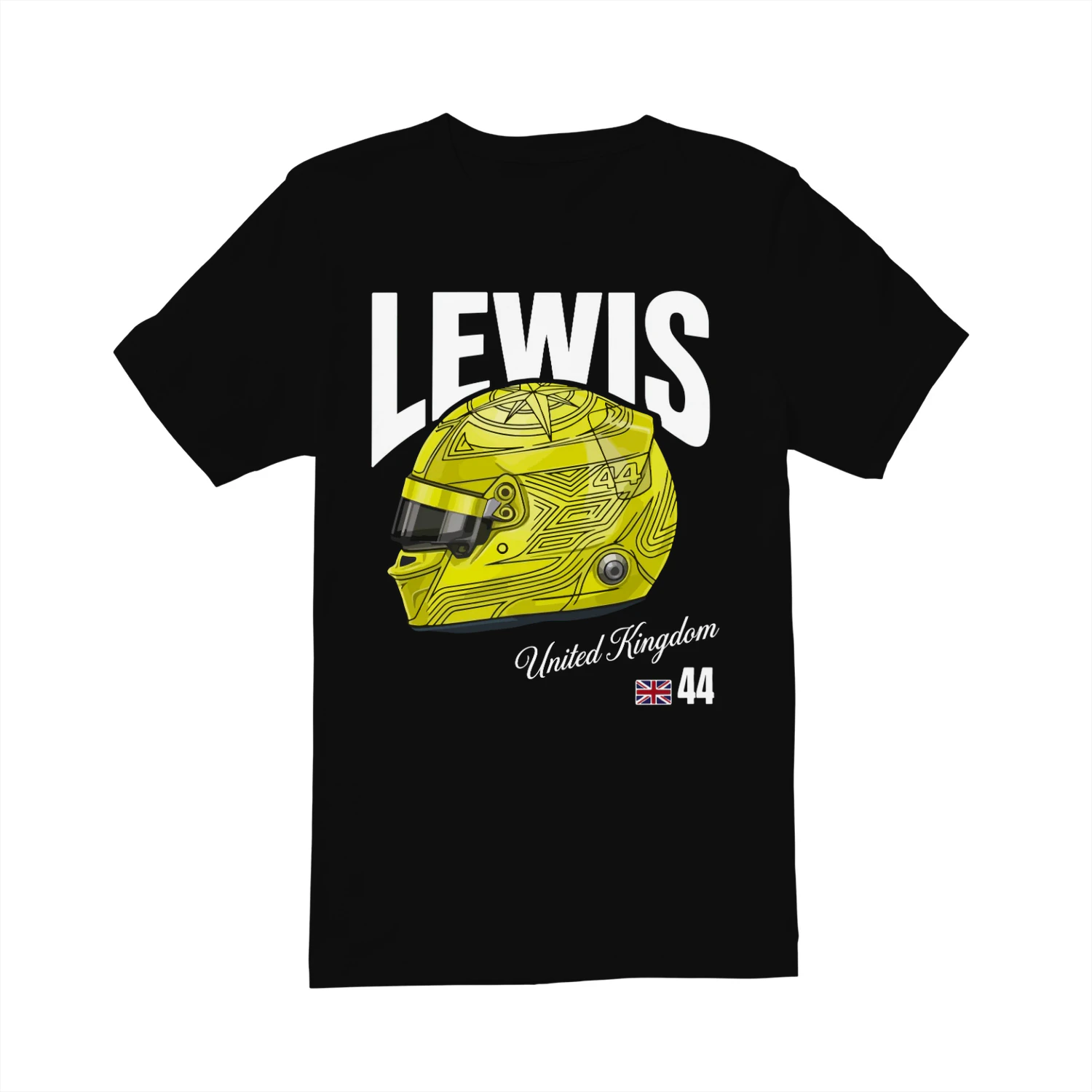 Lewis 44 Racing Helmet Tee shirt British Motorsport Fan Shirt Yellow Racing Helmet tee