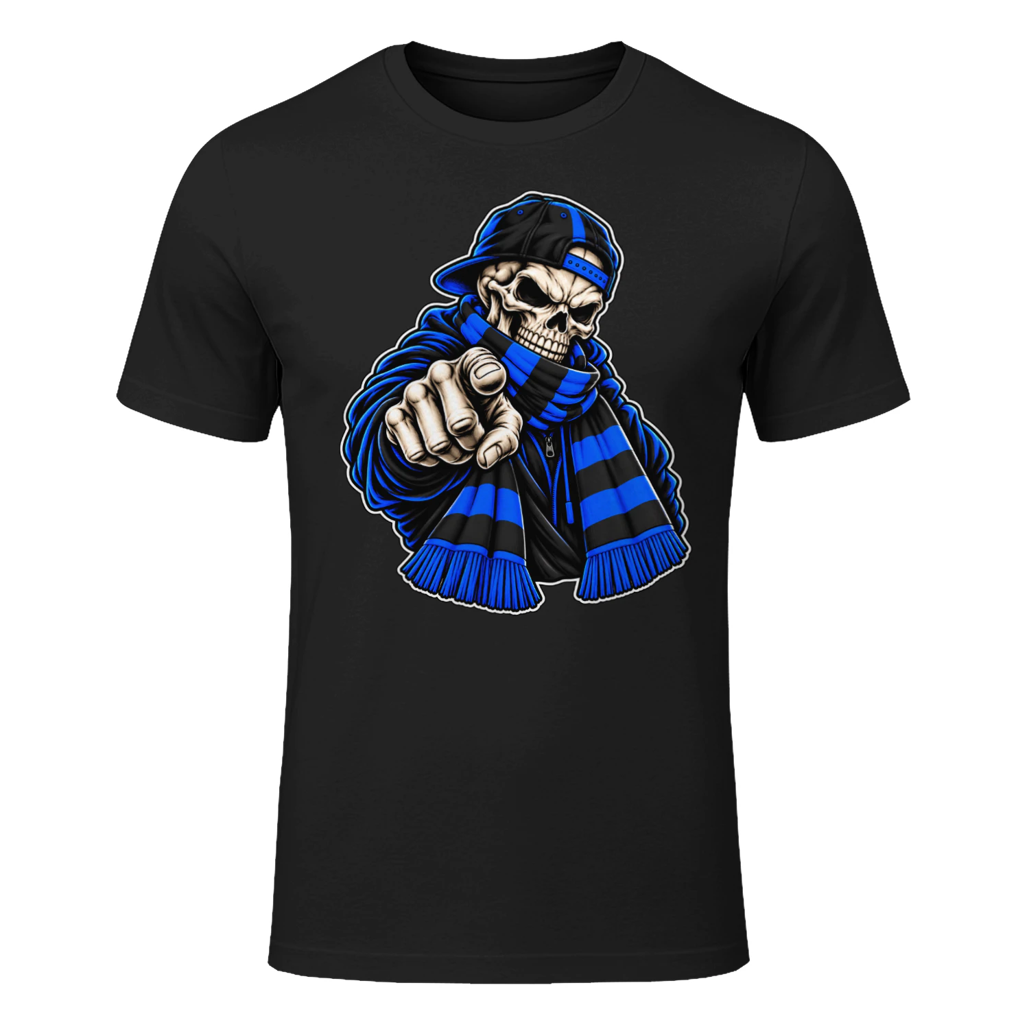 Blue Black Skull Supporter T-Shirt – Football Fan Graphic Tee