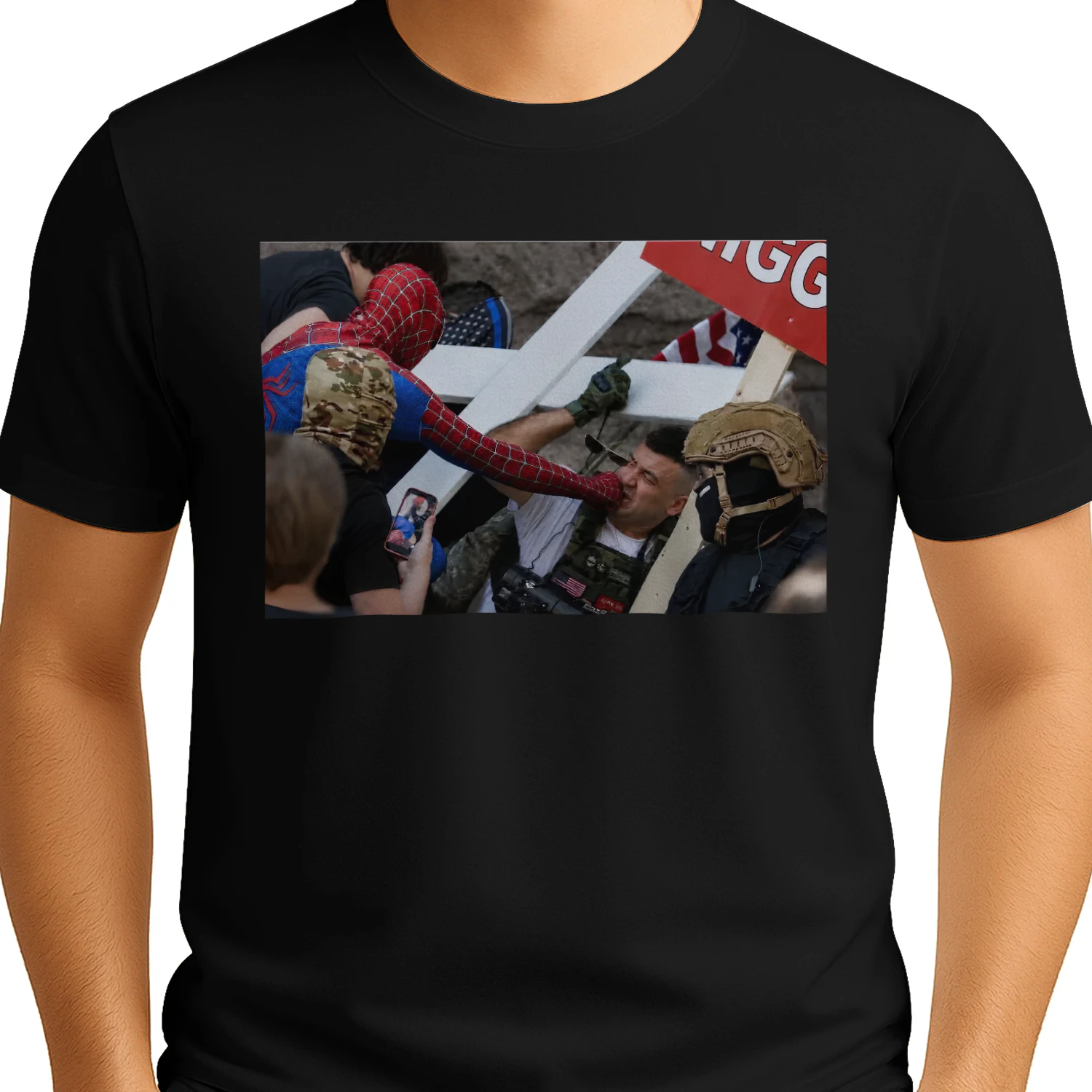  Spider Man confrontation with agent superhero shirt