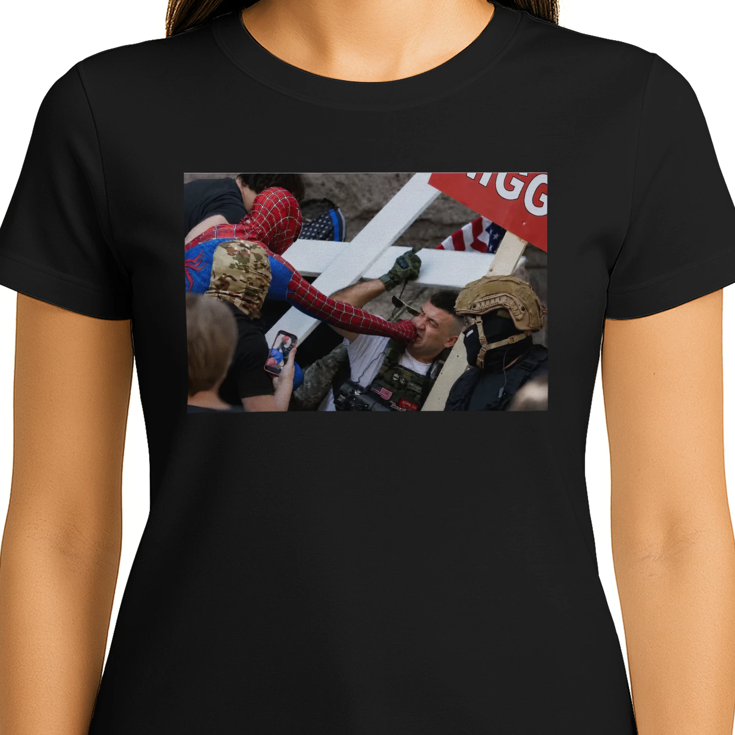  Spider Man confrontation with agent superhero shirt