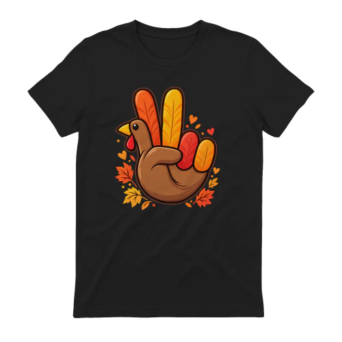 Turkey Peace Sign Thanksgiving T-Shirt with Fall Leaves