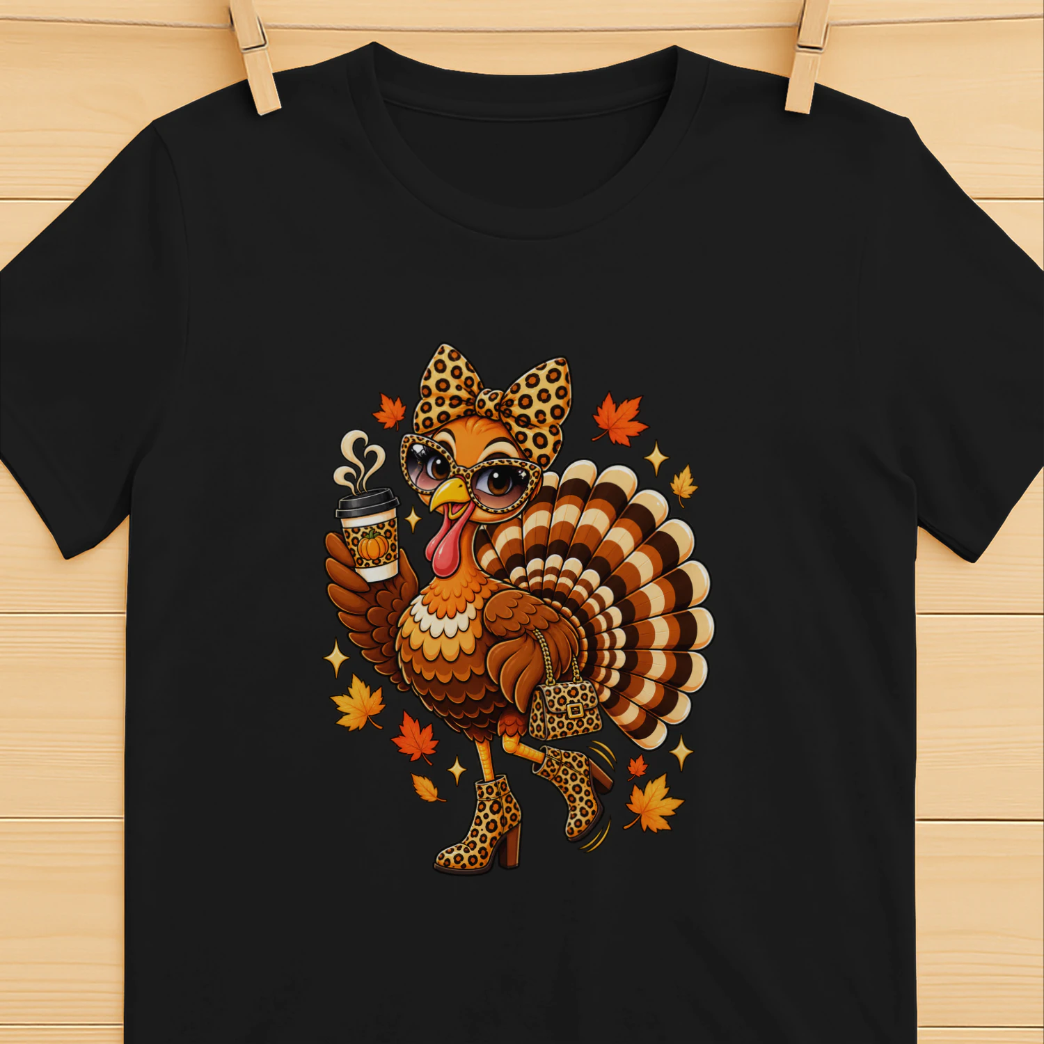 Cute Turkey Thanksgiving T-Shirt with Autumn Leaves