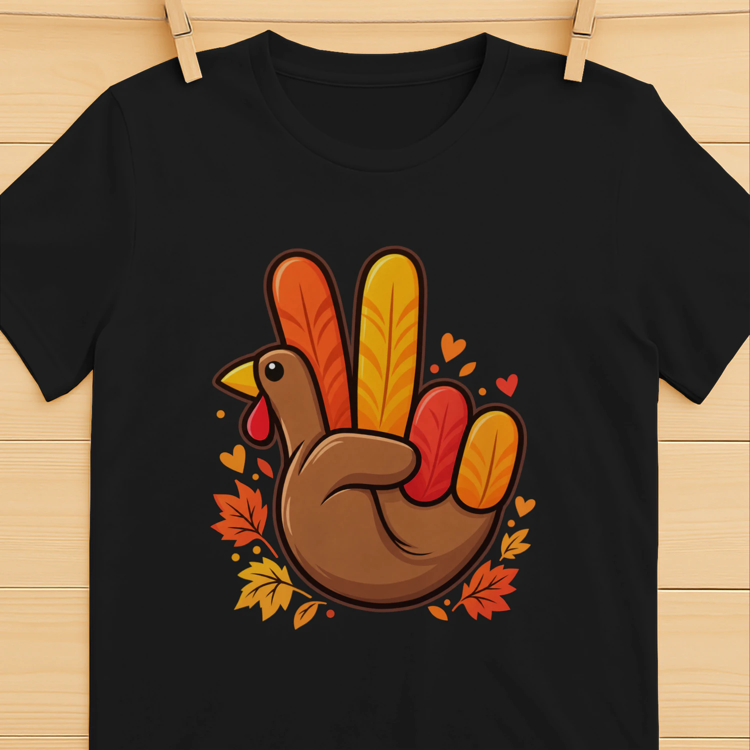 Turkey Peace Sign Thanksgiving T-Shirt with Fall Leaves