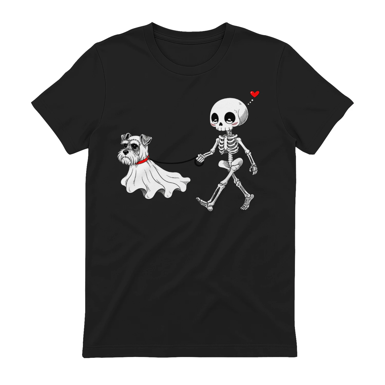 A Skeleton Walking a Schnauzer