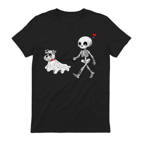 A Skeleton Walking a Schnauzer