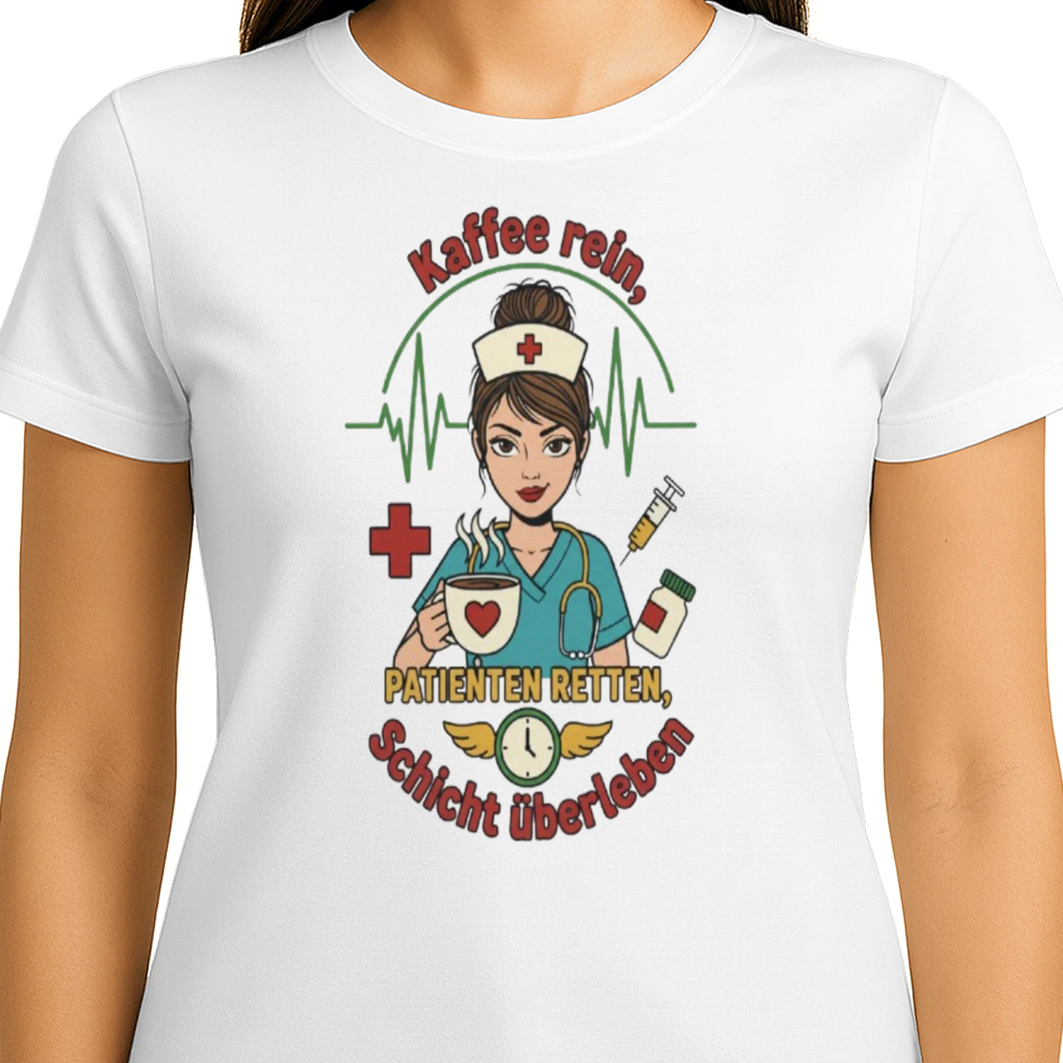 Funny German Nurse Shirt Kaffee Rein Patienten Retten Schicht Überleben T-Shirt for Coffee Lover Nurses