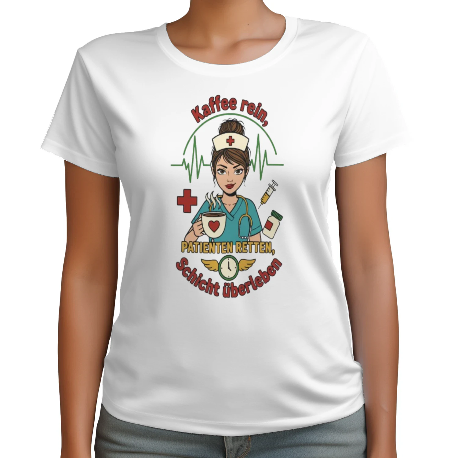 Funny German Nurse Shirt Kaffee Rein Patienten Retten Schicht Überleben T-Shirt for Coffee Lover Nurses