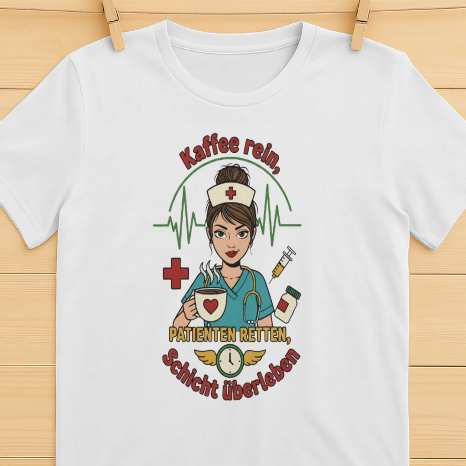 Funny German Nurse Shirt Kaffee Rein Patienten Retten Schicht Überleben T-Shirt for Coffee Lover Nurses