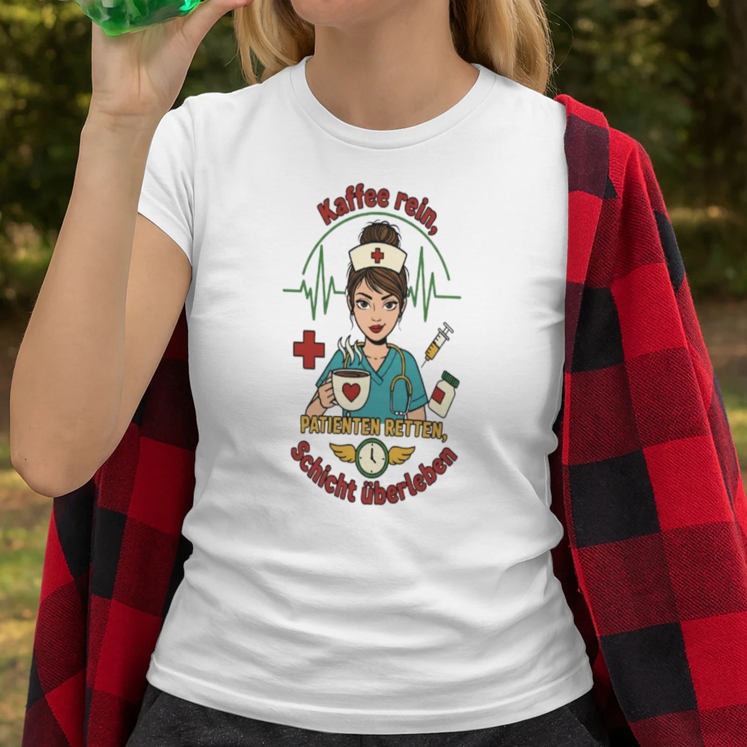 Funny German Nurse Shirt Kaffee Rein Patienten Retten Schicht Überleben T-Shirt for Coffee Lover Nurses