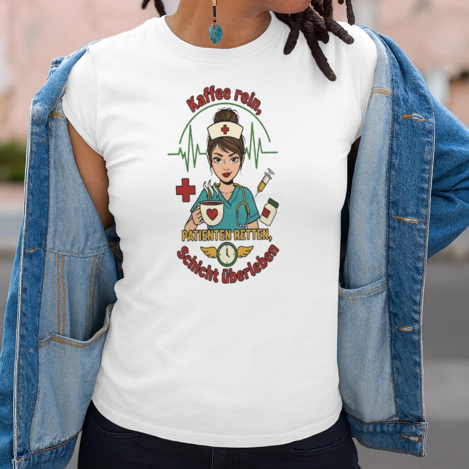 Funny German Nurse Shirt Kaffee Rein Patienten Retten Schicht Überleben T-Shirt for Coffee Lover Nurses