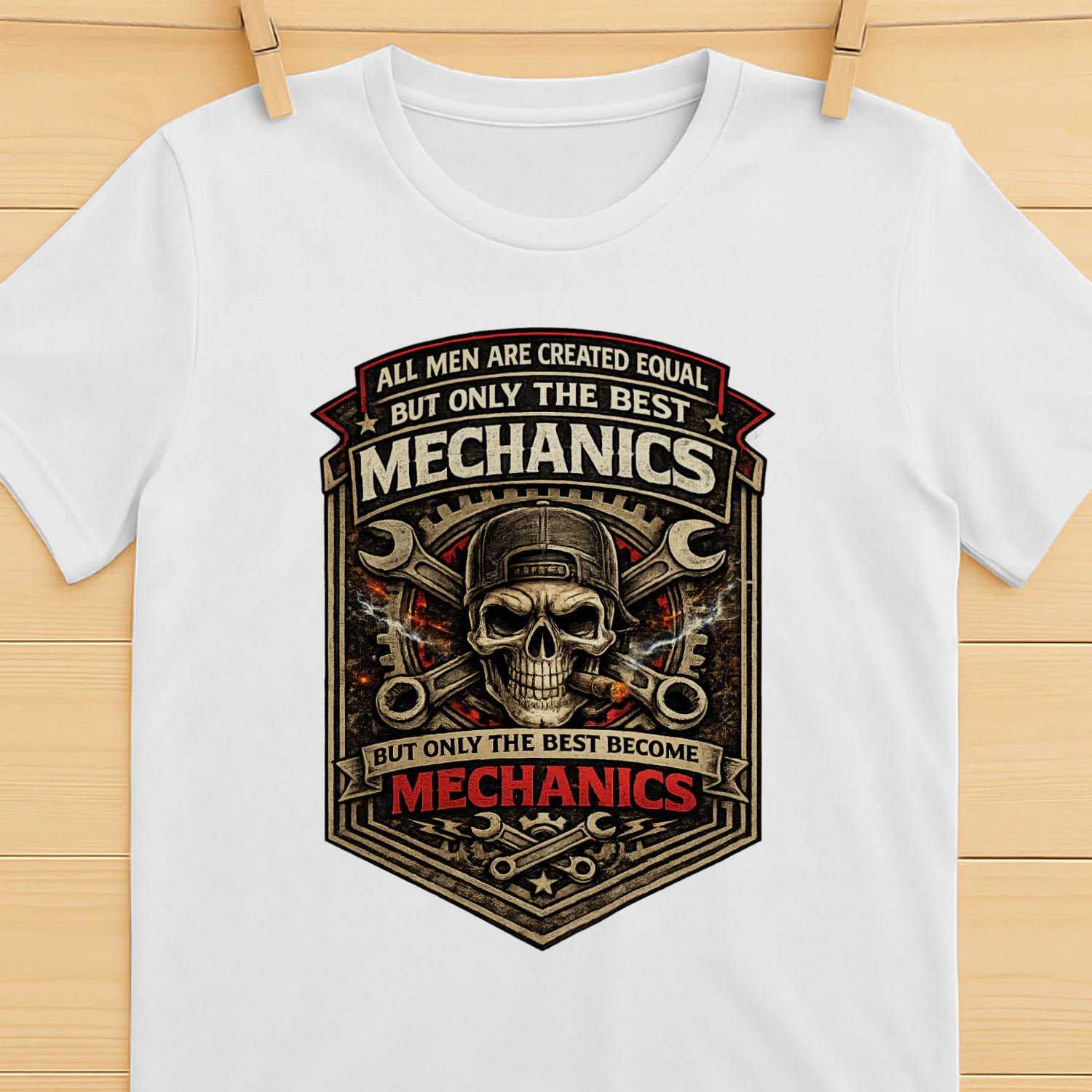 All Men Are Created Equal But Only The Best Become Mechanics T-Shirt | Vintage Skull Mechanic Tee