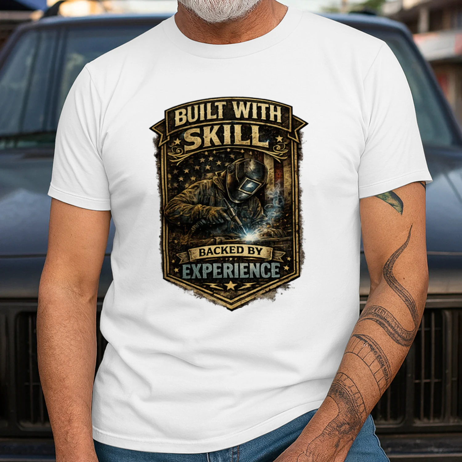 Built With Skill Backed By Experience T-Shirt | Vintage Mechanic Workshop Tee