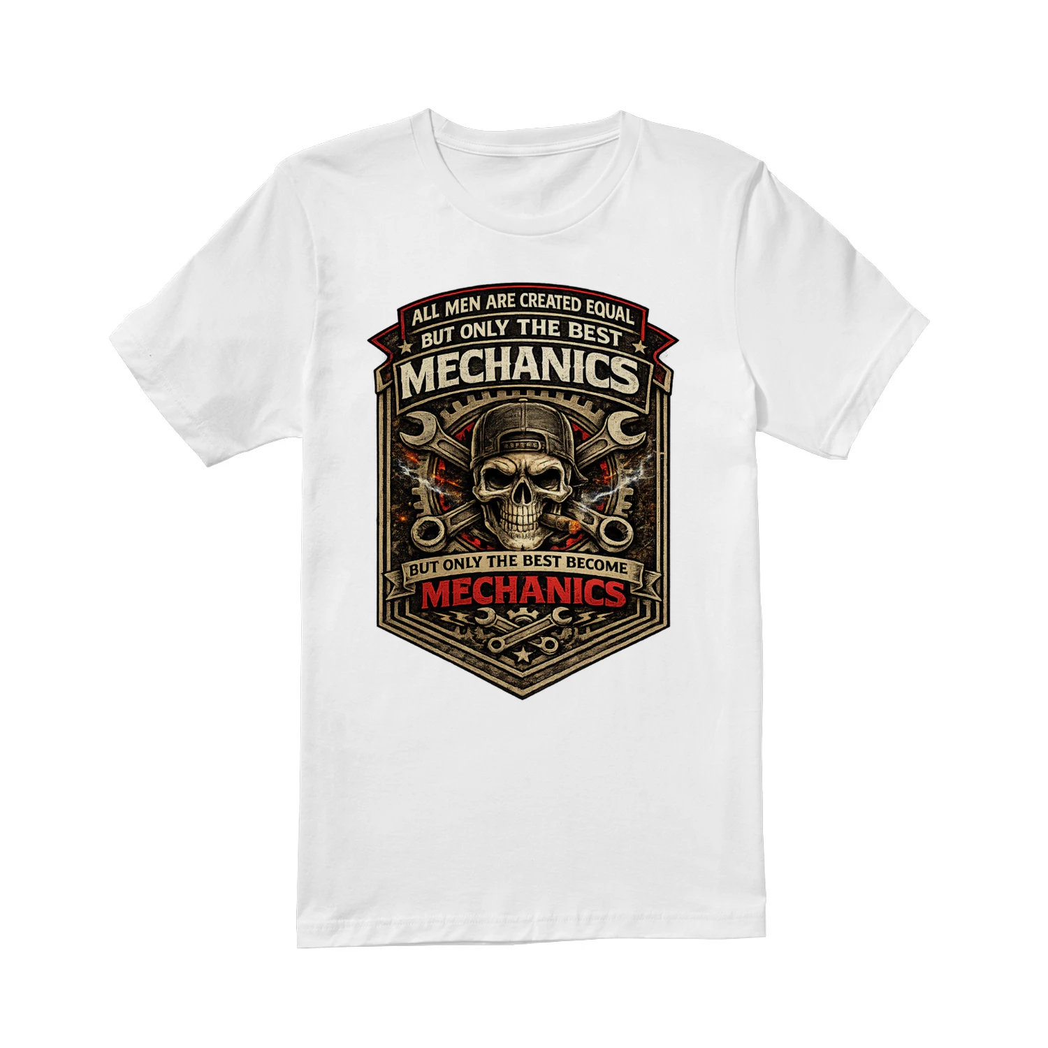 All Men Are Created Equal But Only The Best Become Mechanics T-Shirt | Vintage Skull Mechanic Tee