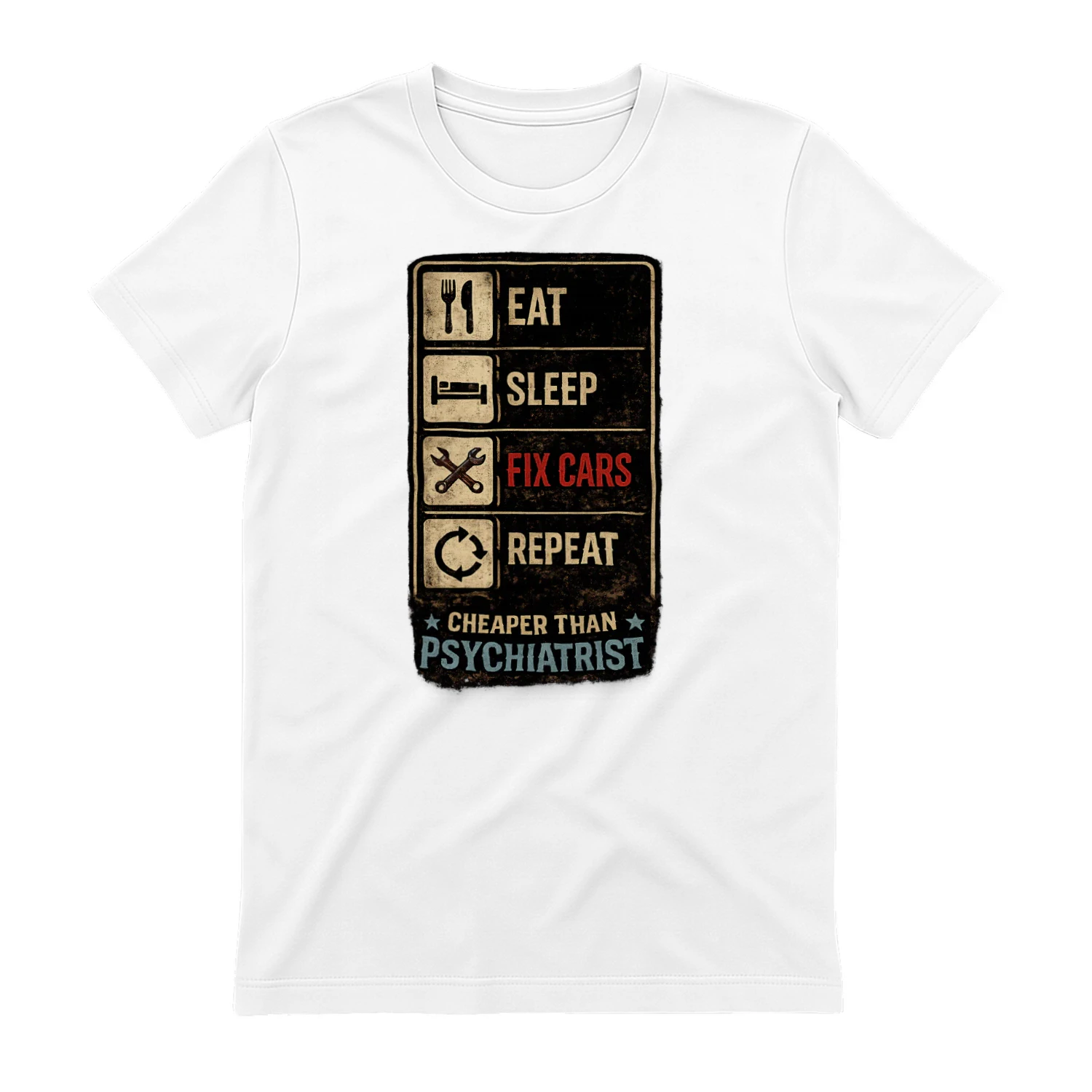 Eat Sleep Fix Cars Repeat T-Shirt | Funny Mechanic Checklist Tee | Garage Life Shirt