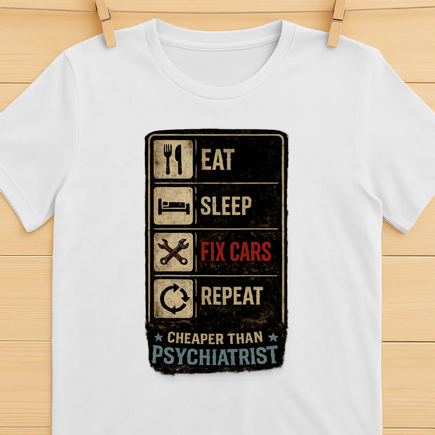 Eat Sleep Fix Cars Repeat T-Shirt | Funny Mechanic Checklist Tee | Garage Life Shirt