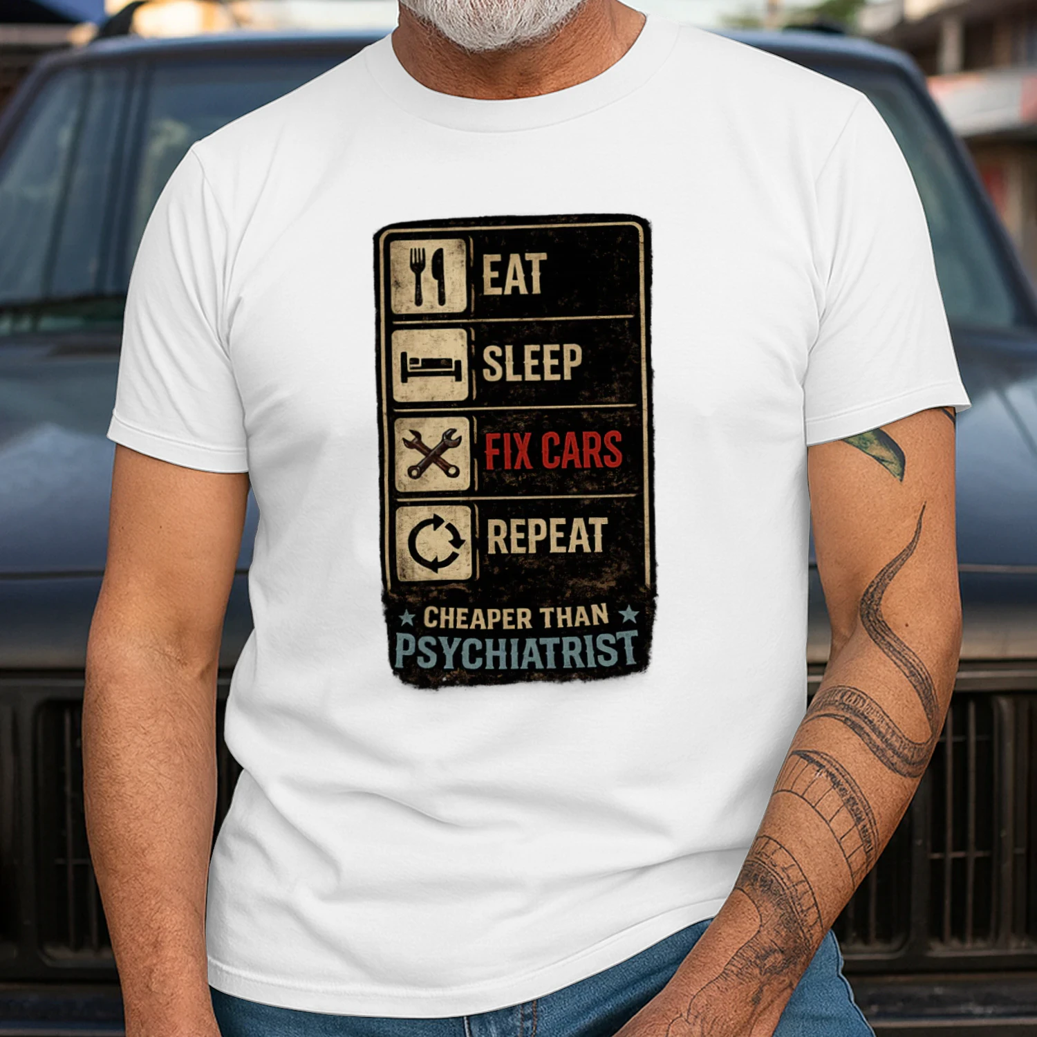Eat Sleep Fix Cars Repeat T-Shirt | Funny Mechanic Checklist Tee | Garage Life Shirt