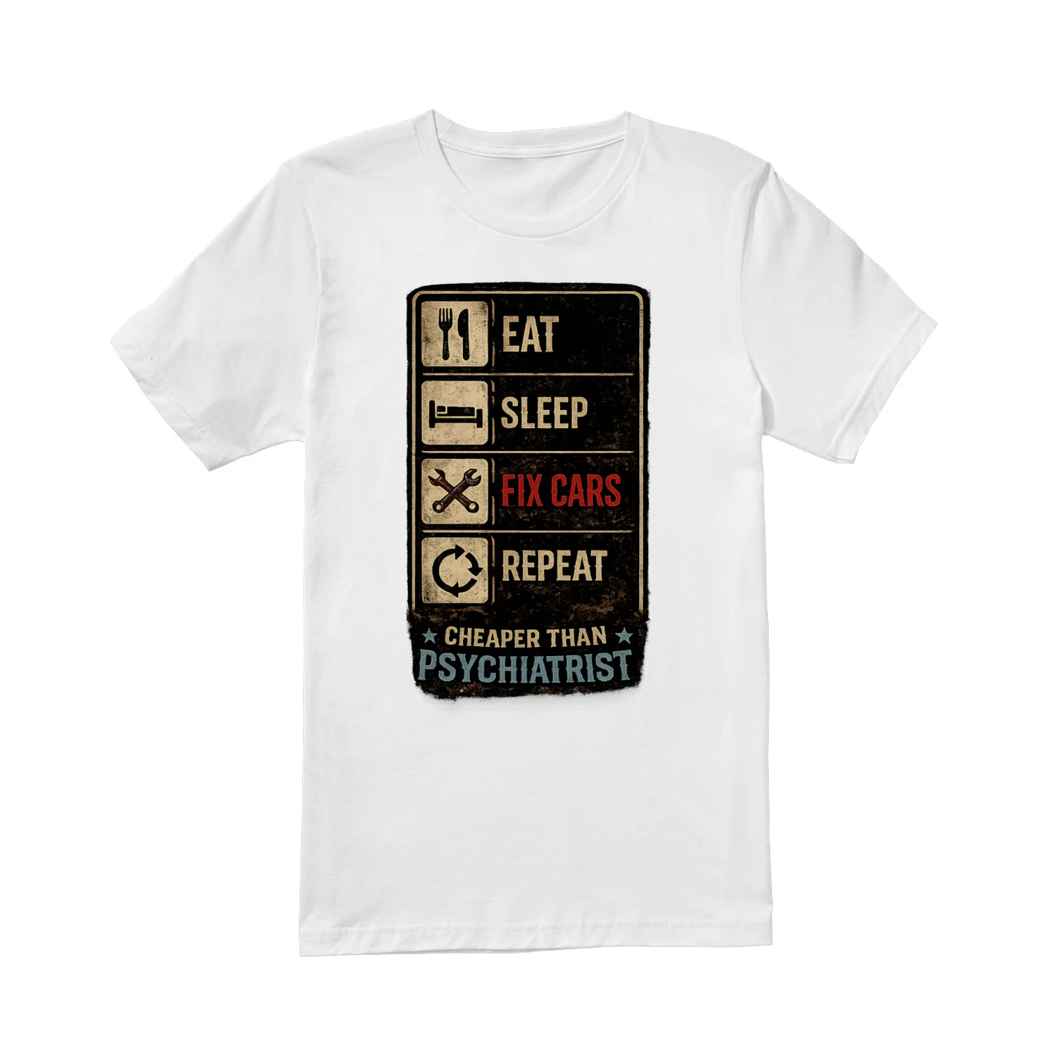Eat Sleep Fix Cars Repeat T-Shirt | Funny Mechanic Checklist Tee | Garage Life Shirt