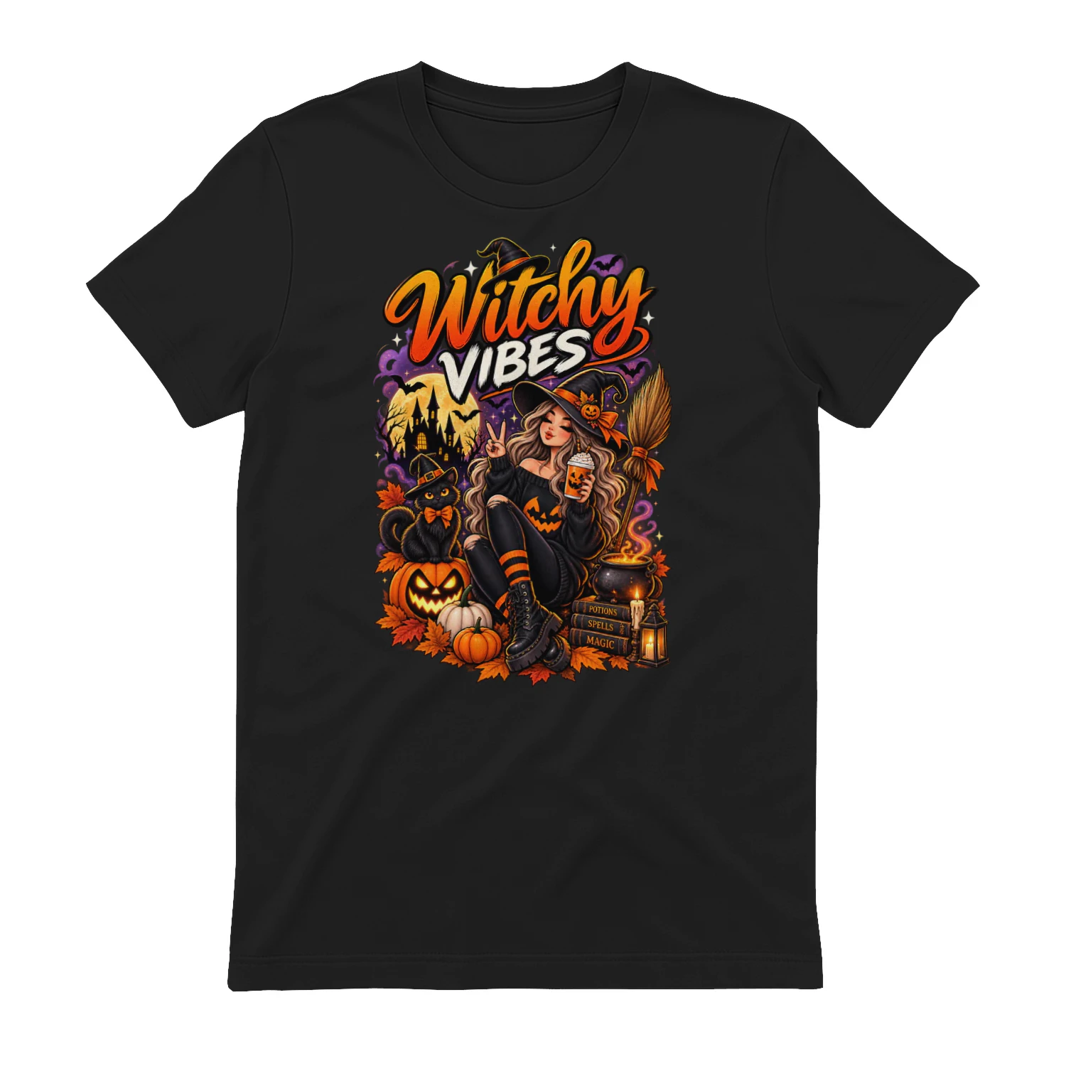 Witchy Vibes Halloween T-Shirt | Witch & Black Cat | Spooky Season Tee