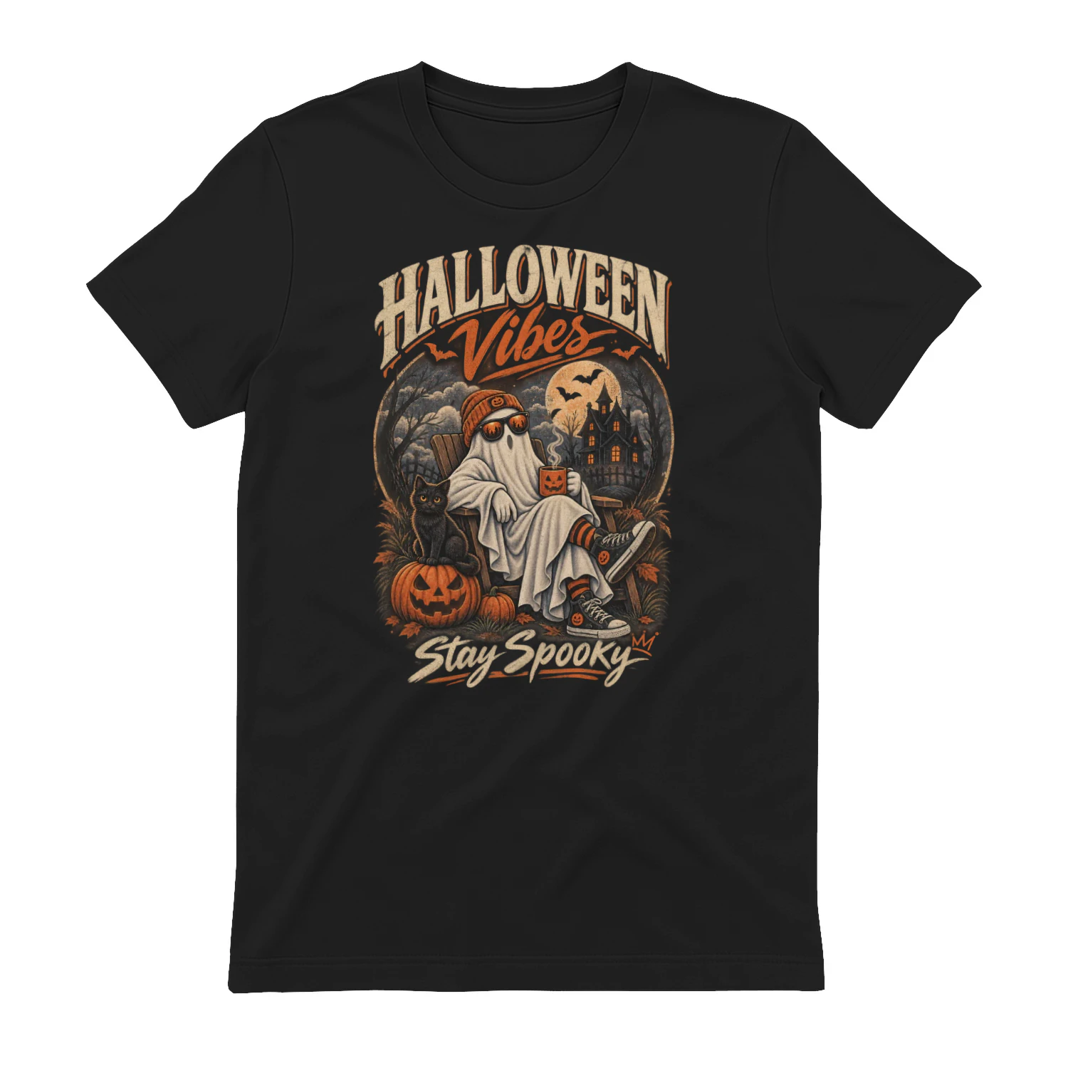 Halloween Vibes Stay Spooky T-Shirt | Vintage Ghost & Pumpkin | Halloween Retro Tee