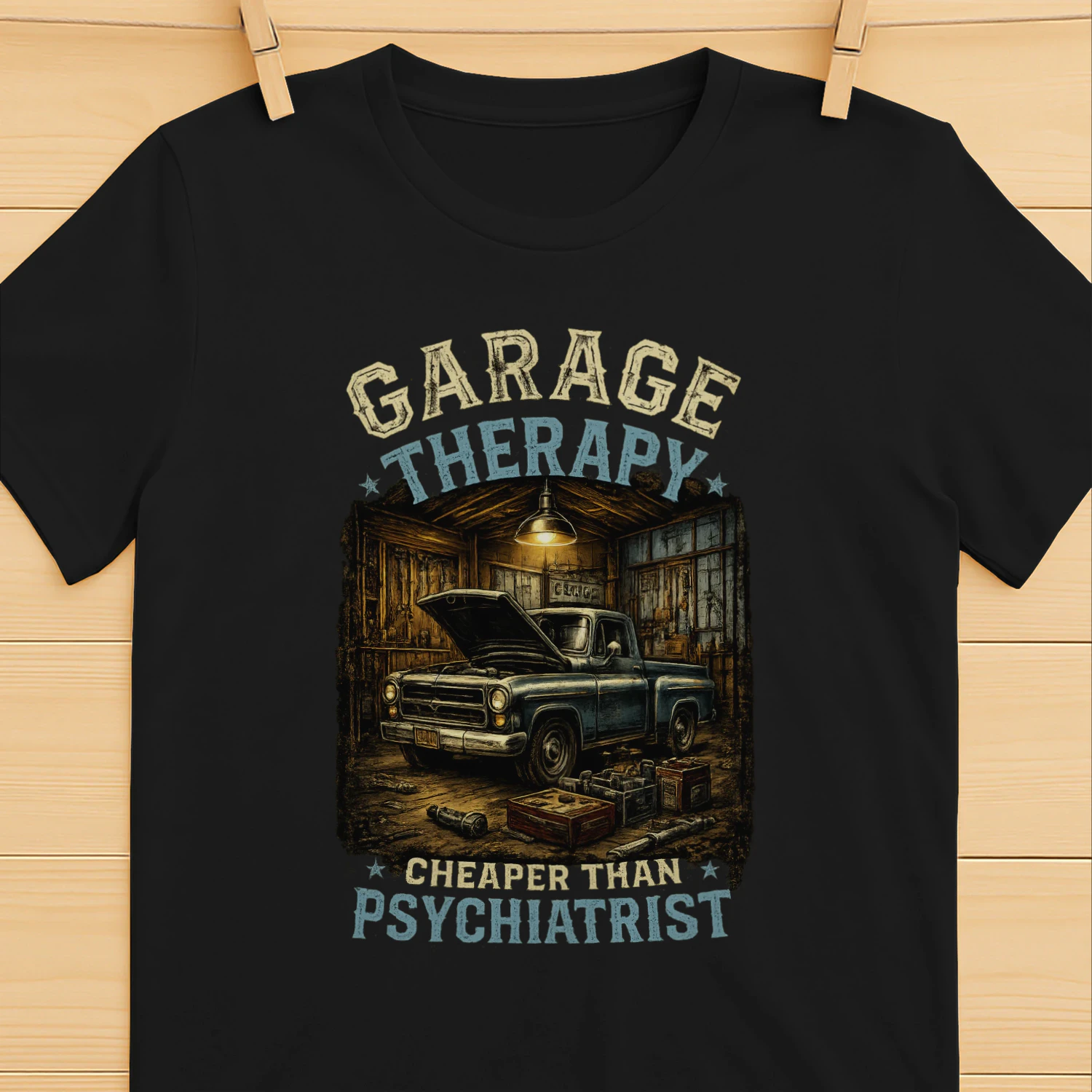 Garage Therapy Cheaper Than Psychiatrist T-Shirt | Vintage Classic Truck Mechanic Tee