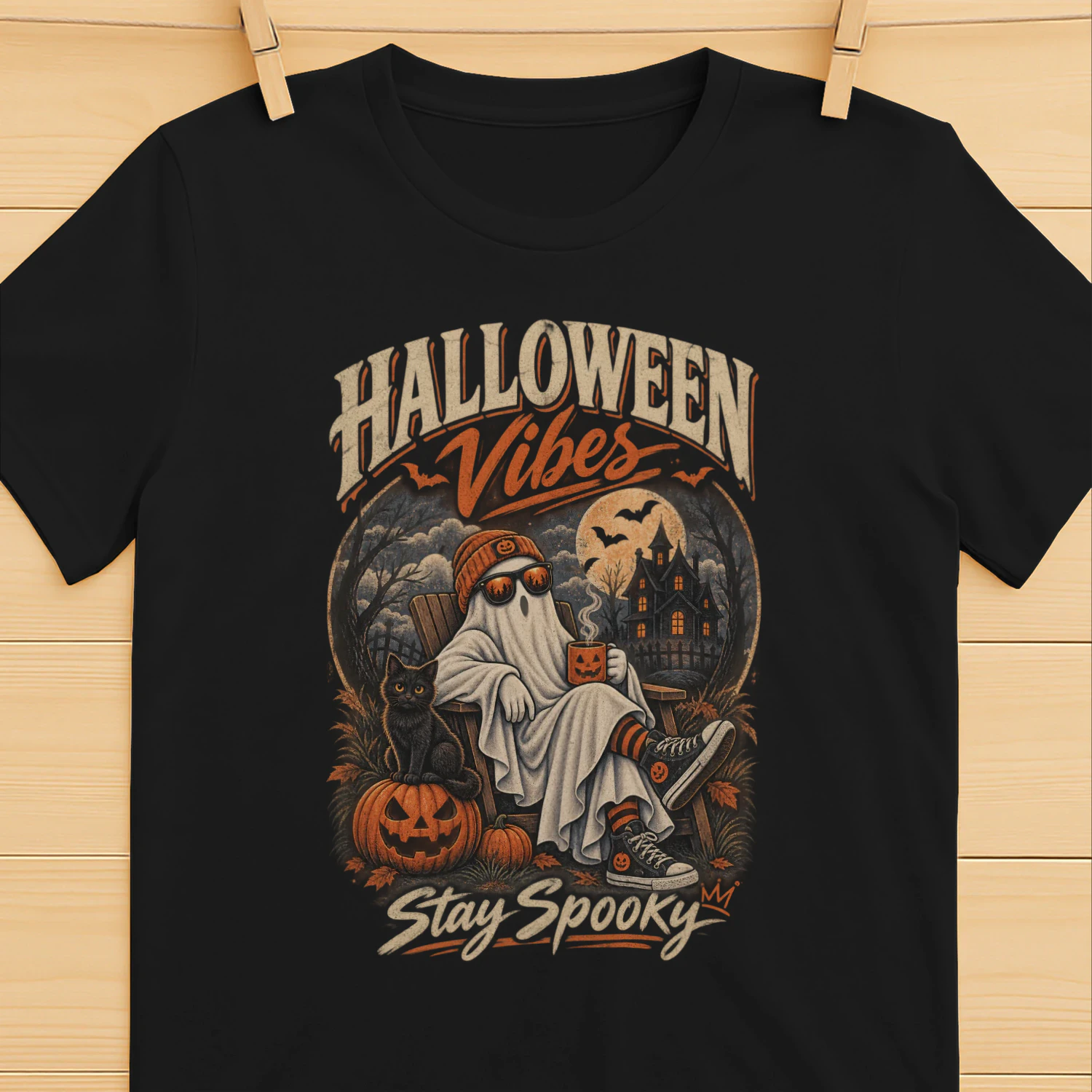 Halloween Vibes Stay Spooky T-Shirt | Vintage Ghost & Pumpkin | Halloween Retro Tee