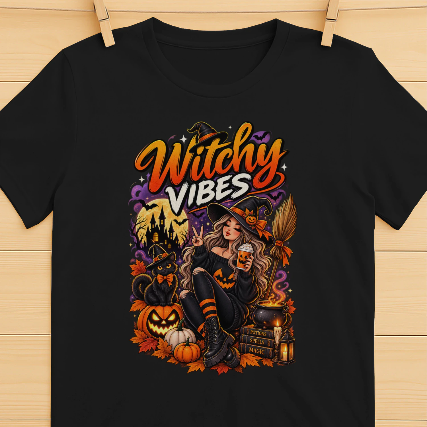Witchy Vibes Halloween T-Shirt | Witch & Black Cat | Spooky Season Tee