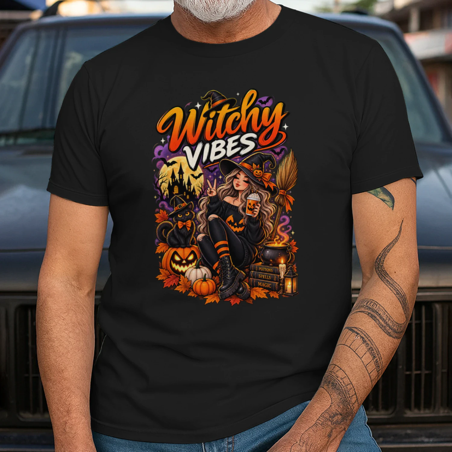 Witchy Vibes Halloween T-Shirt | Witch & Black Cat | Spooky Season Tee