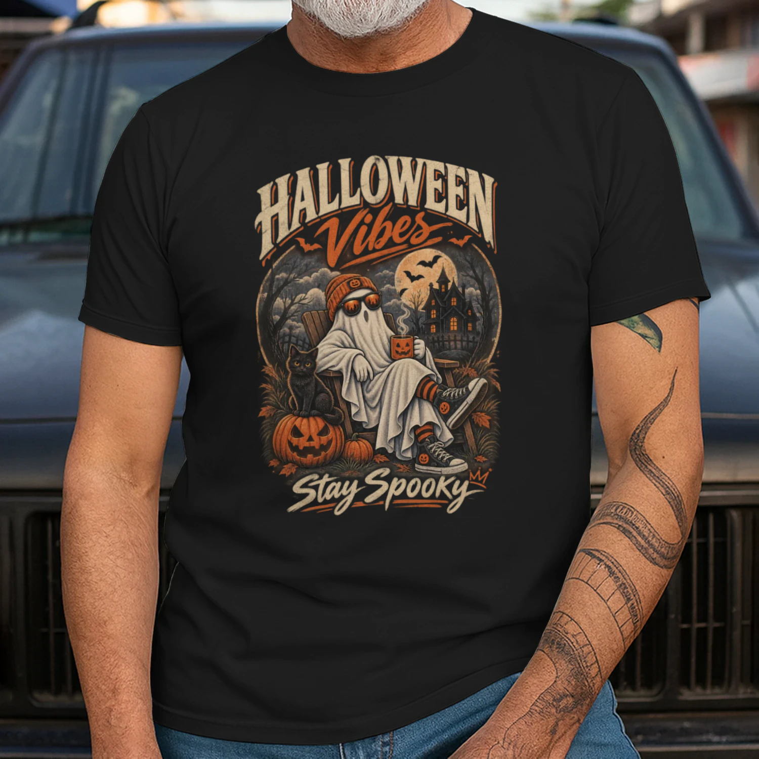 Halloween Vibes Stay Spooky T-Shirt | Vintage Ghost & Pumpkin | Halloween Retro Tee