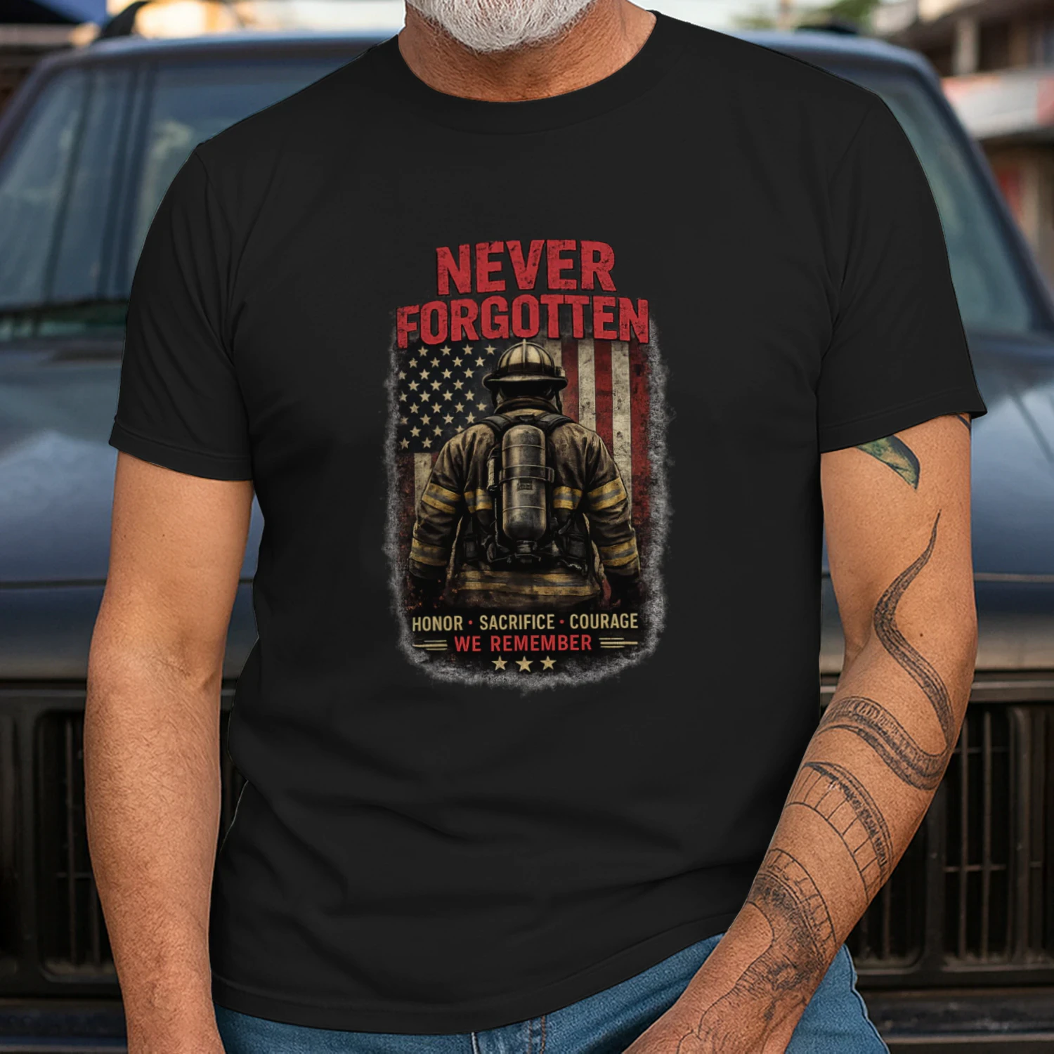 Firefighter T-Shirt | Never Forgotten | Honor Sacrifice Courage | Firefighter Tribute Tee