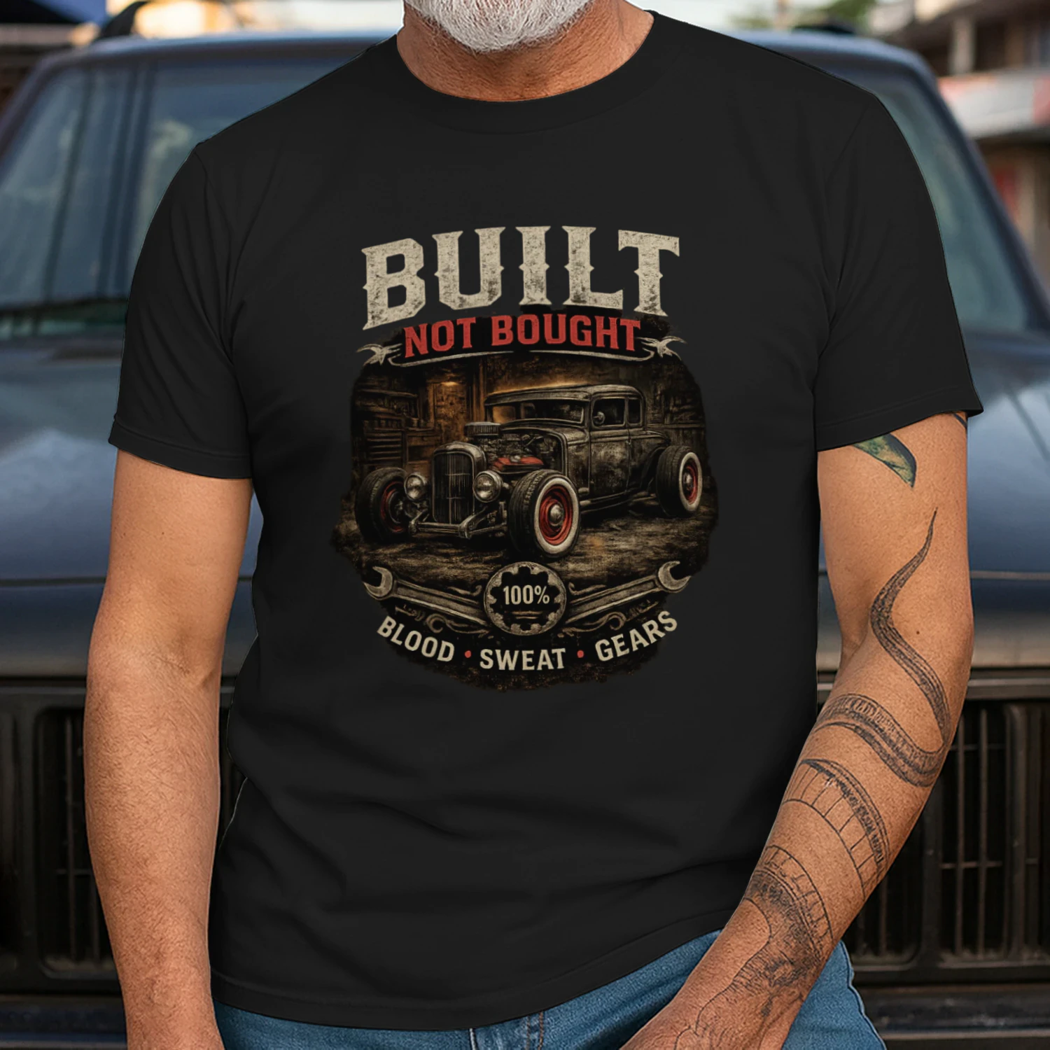 Built Not Bought T-Shirt | Blood Sweat Gears | Vintage Hot Rod Mechanic Tee