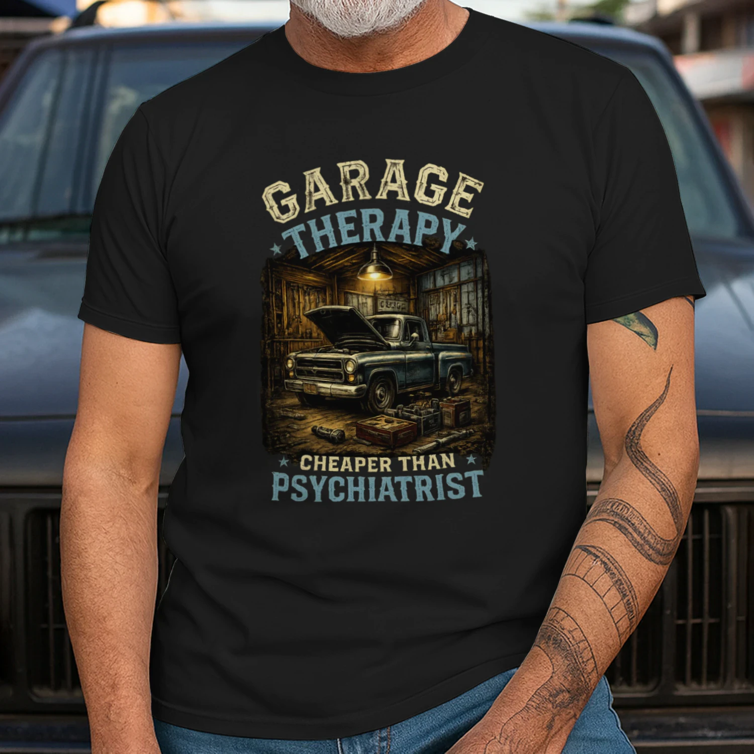 Garage Therapy Cheaper Than Psychiatrist T-Shirt | Vintage Classic Truck Mechanic Tee