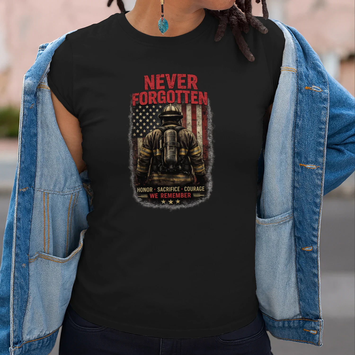 Firefighter T-Shirt | Never Forgotten | Honor Sacrifice Courage | Firefighter Tribute Tee
