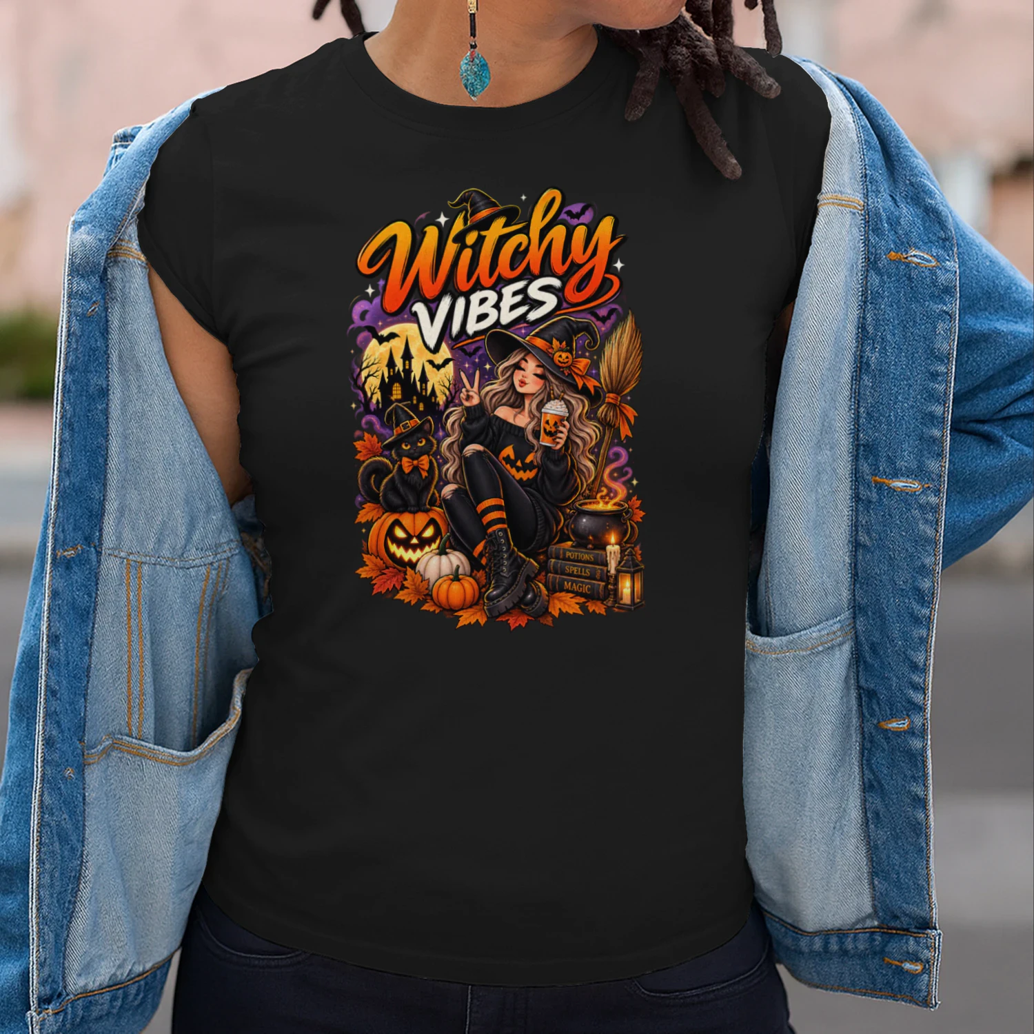 Witchy Vibes Halloween T-Shirt | Witch & Black Cat | Spooky Season Tee