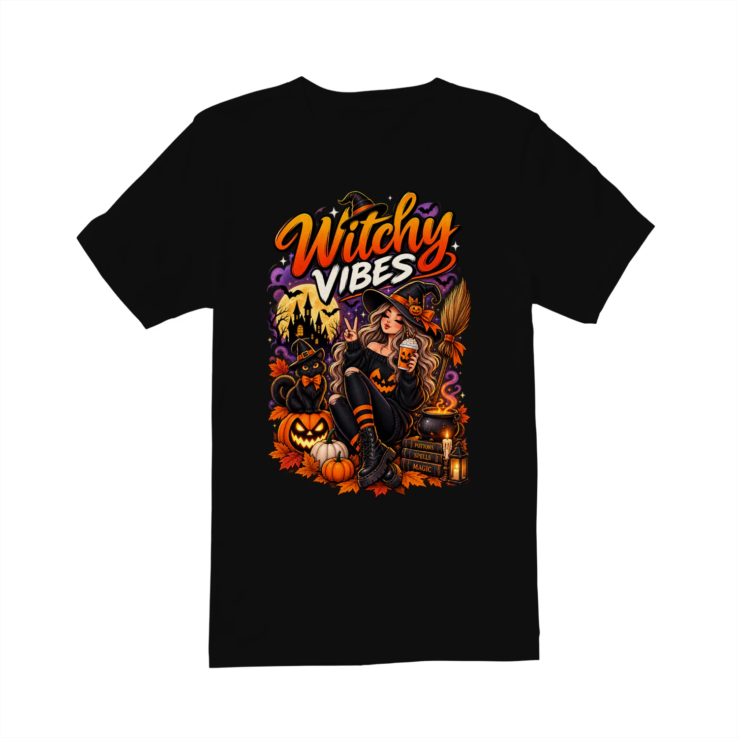 Witchy Vibes Halloween T-Shirt | Witch & Black Cat | Spooky Season Tee
