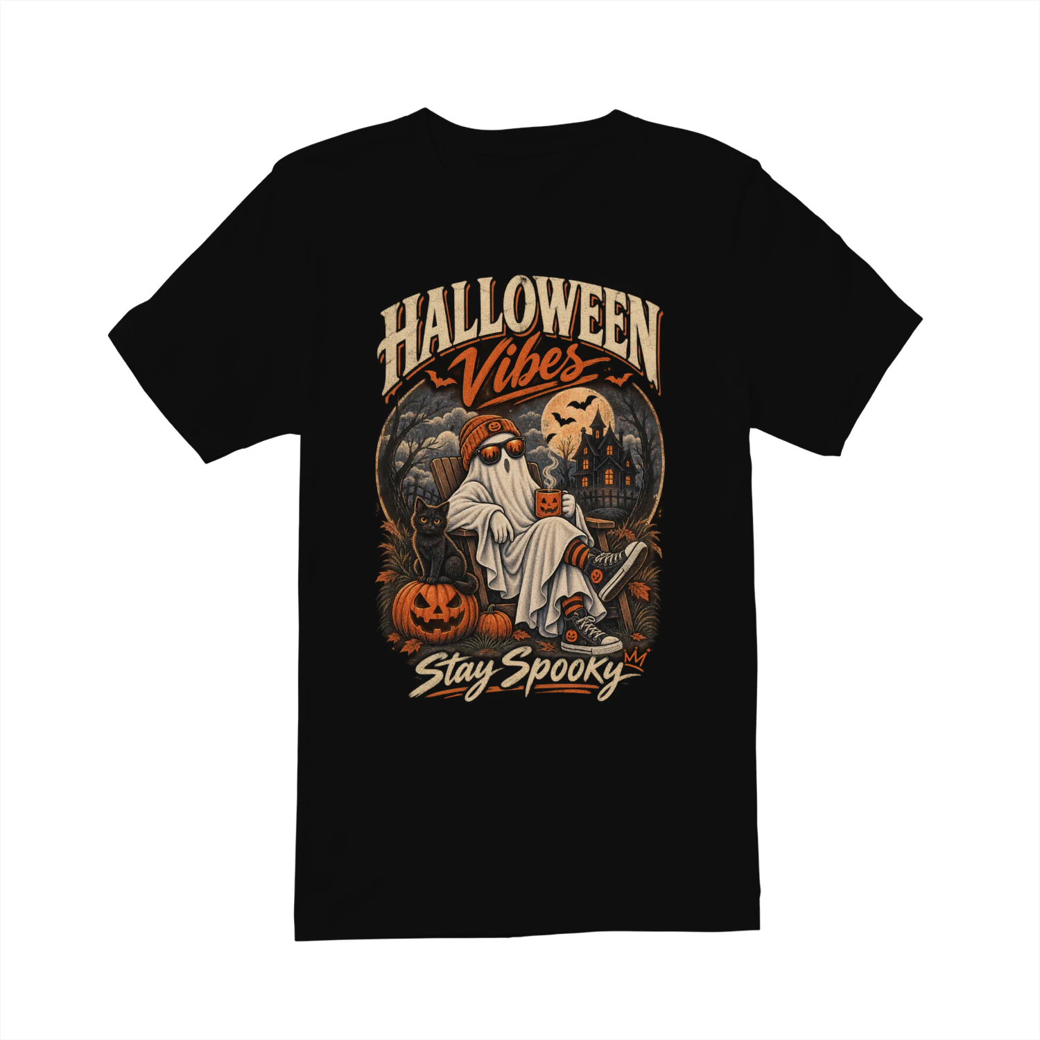 Halloween Vibes Stay Spooky T-Shirt | Vintage Ghost & Pumpkin | Halloween Retro Tee